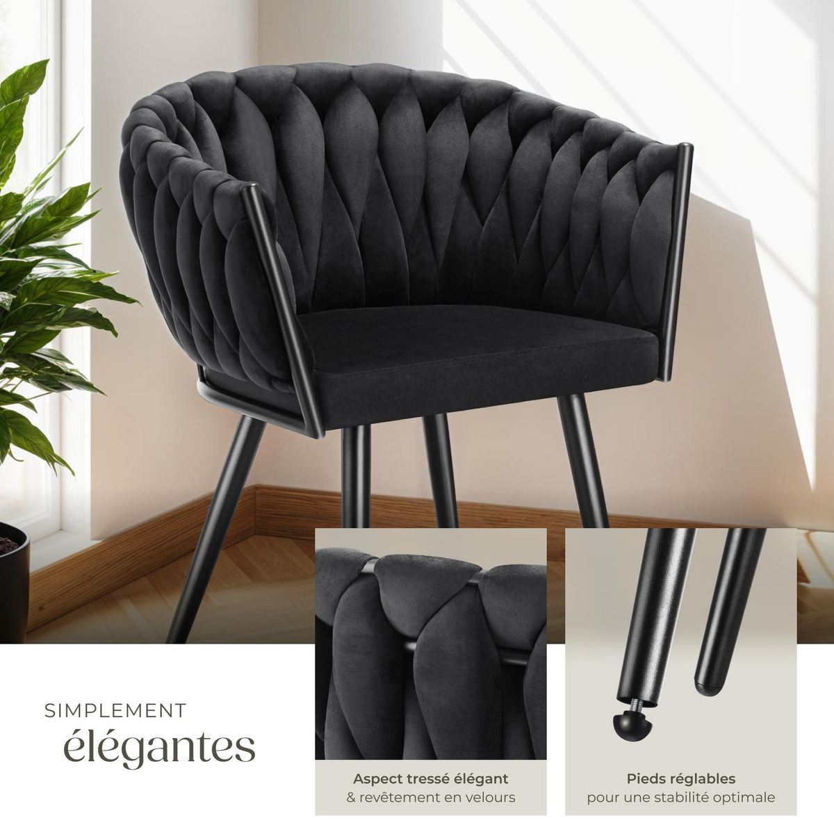 tectake Lot de chaises de salle à manger rembourrée avec revêtement en velours et design noué noir Lot de 2