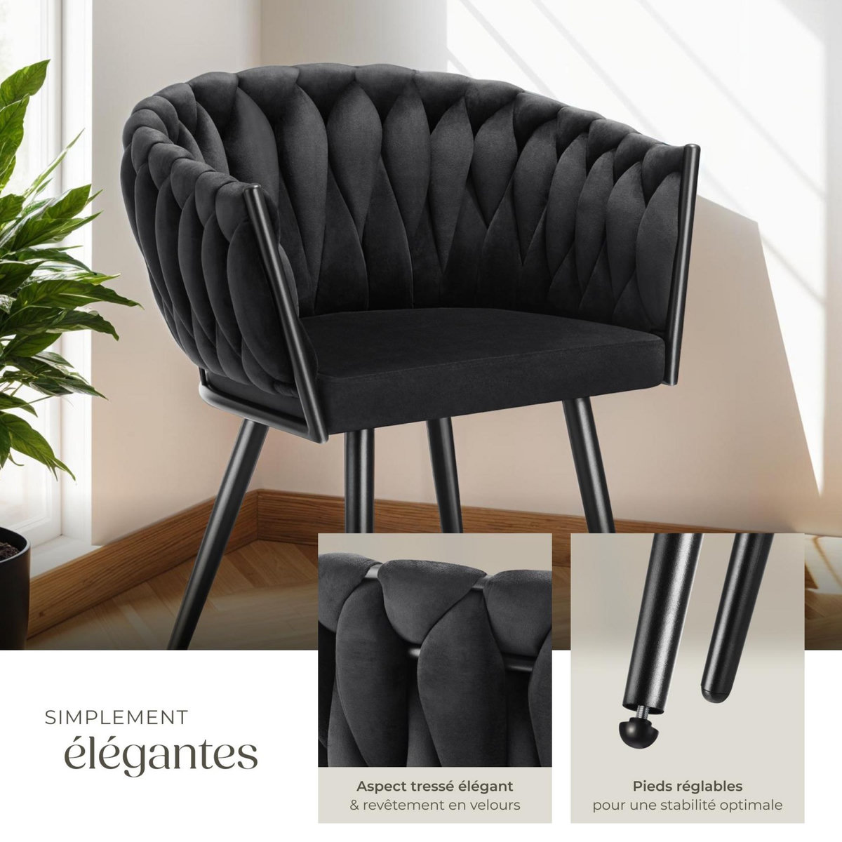 tectake Lot de chaises de salle à manger rembourrée avec revêtement en velours et design noué noir Lot de 2