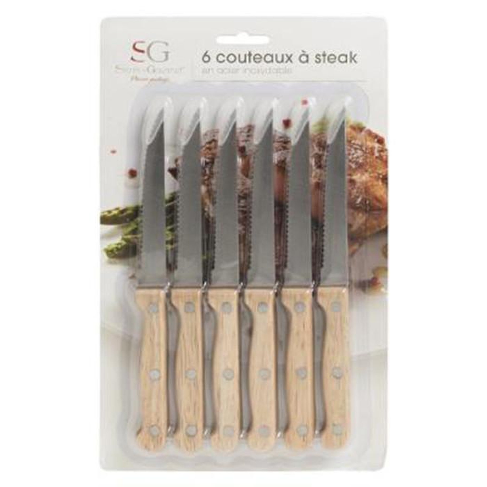 Voir la diapositive 2 : SECRET DE GOURMET Lot de 6 couteaux à steak bois  dosa  21cm naturel