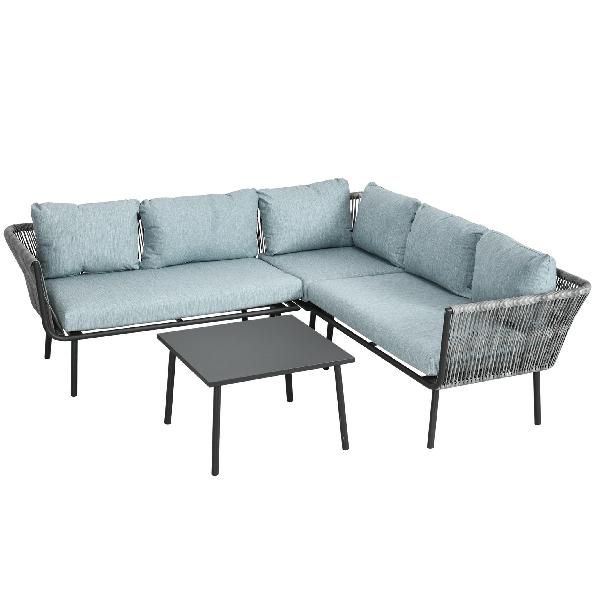 Voir la diapositive 1 : OUTSUNNY Salon de jardin d'angle 5 places 4 pièces coussins inclus alu. Résine tressée gris