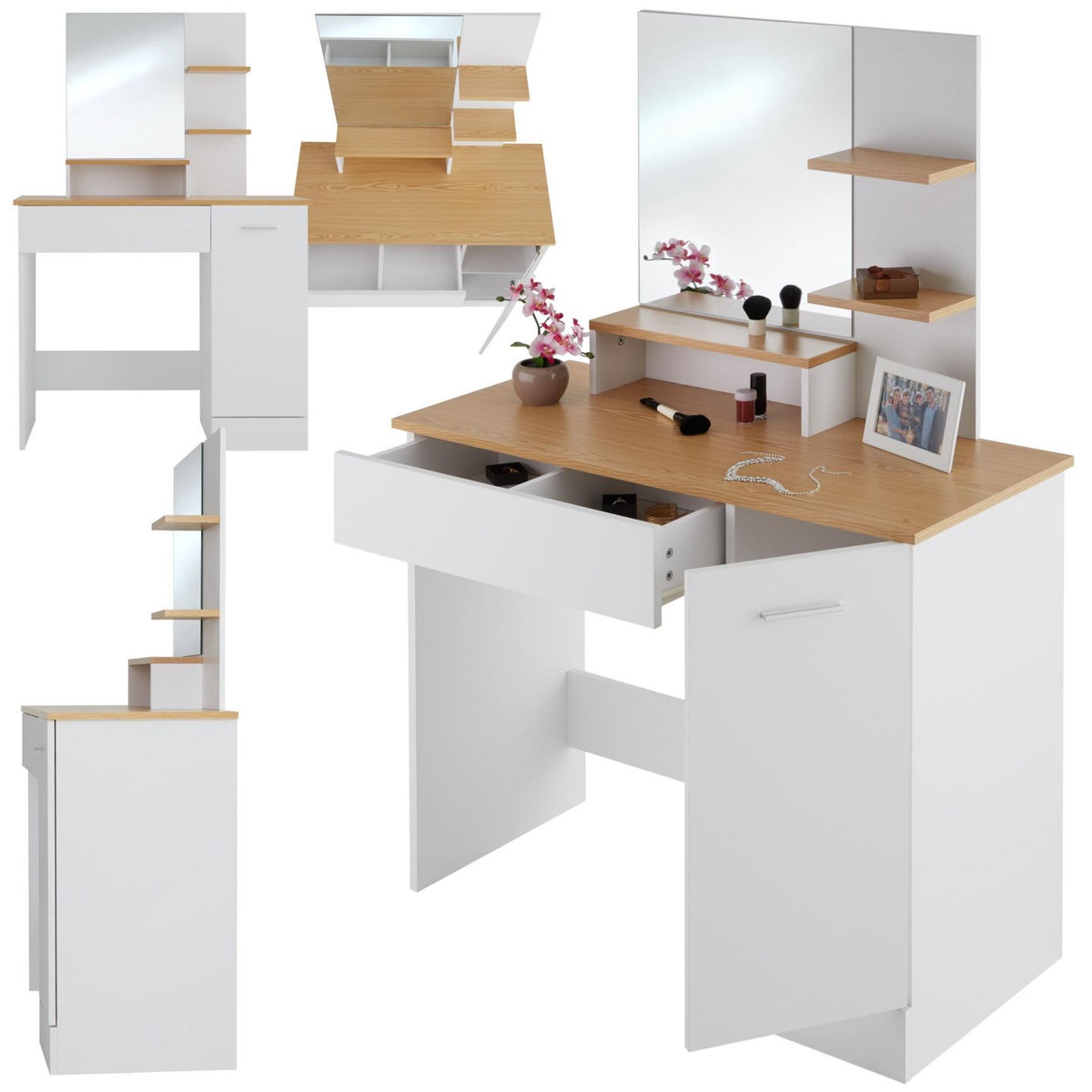 tectake Coiffeuse table de maquillage au look moderne blanc/hêtre