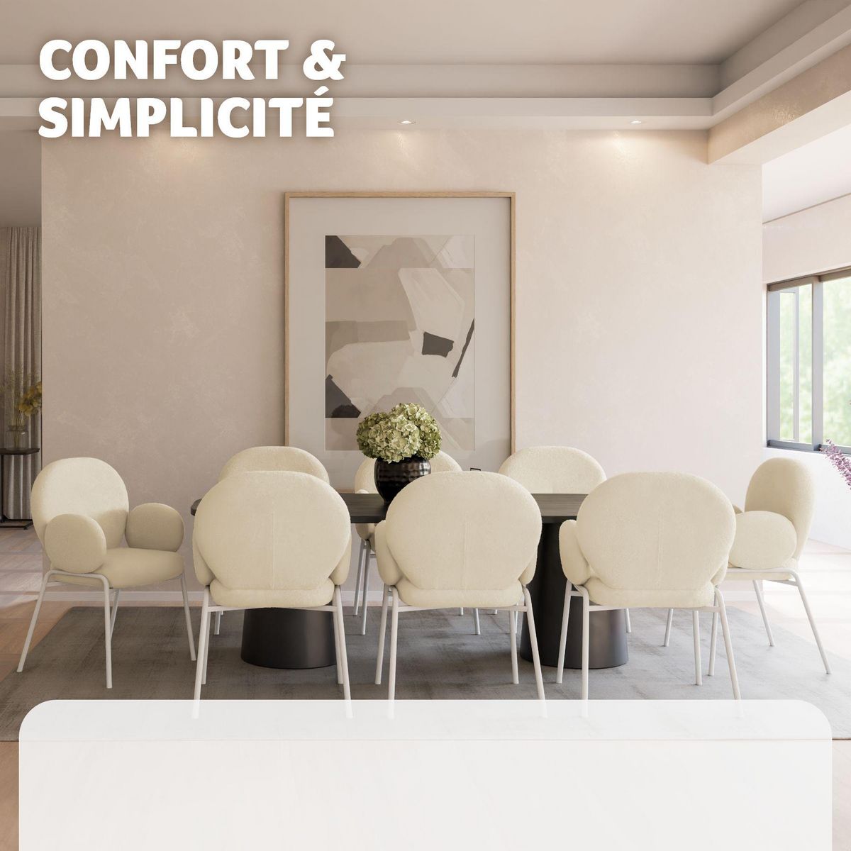 tectake Lot de 8 chaises rembourrées en tissu bouclette avec accoudoirs crème