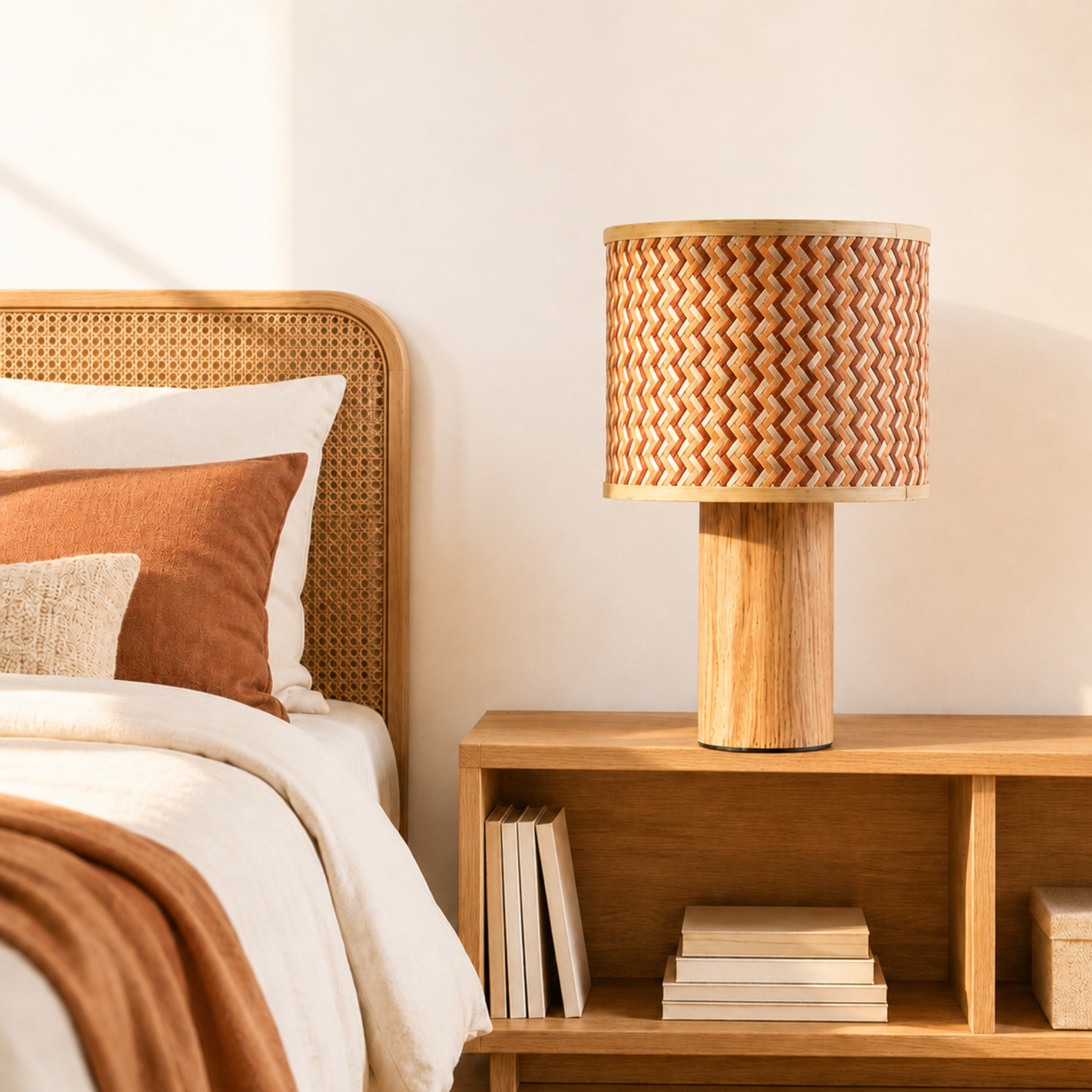 Voir la diapositive 5 : MAISON PAVANE Grande lampe à poser bois de chêne, tressage en bambou crème et orange-phil