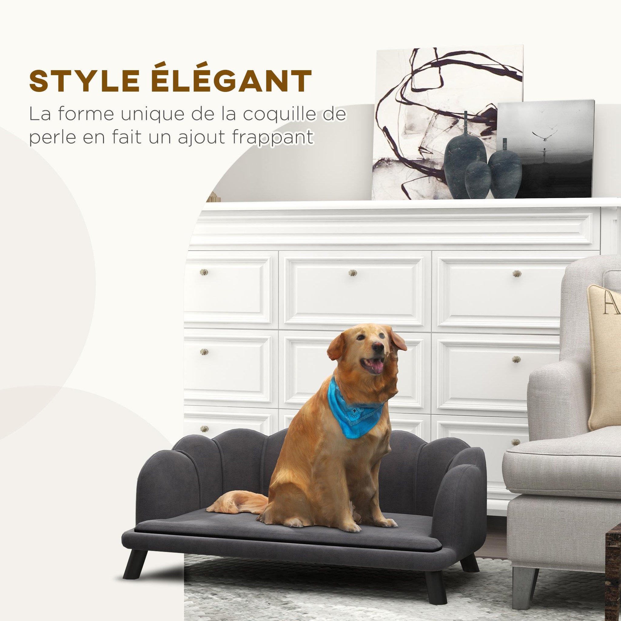 Voir la diapositive 5 : PAWHUT Canapé chien lit pour chien chat design contemporain coquillage dim. 98l x 60l x 35h cm coussin moelleux velours gris