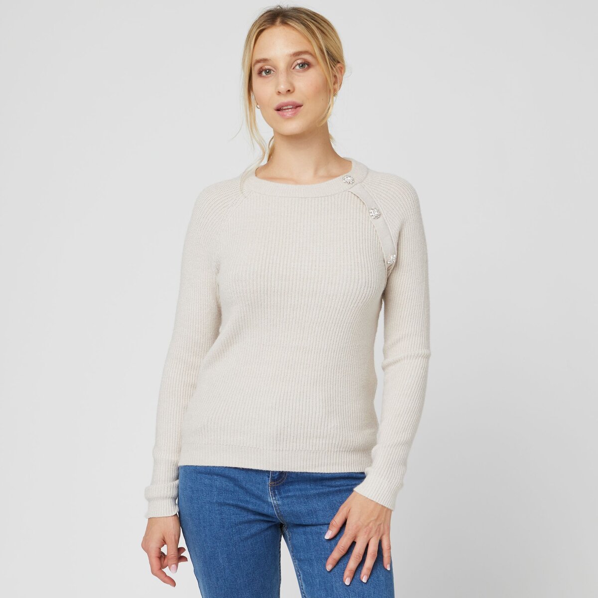 INEXTENSO Pull col rond beige femme