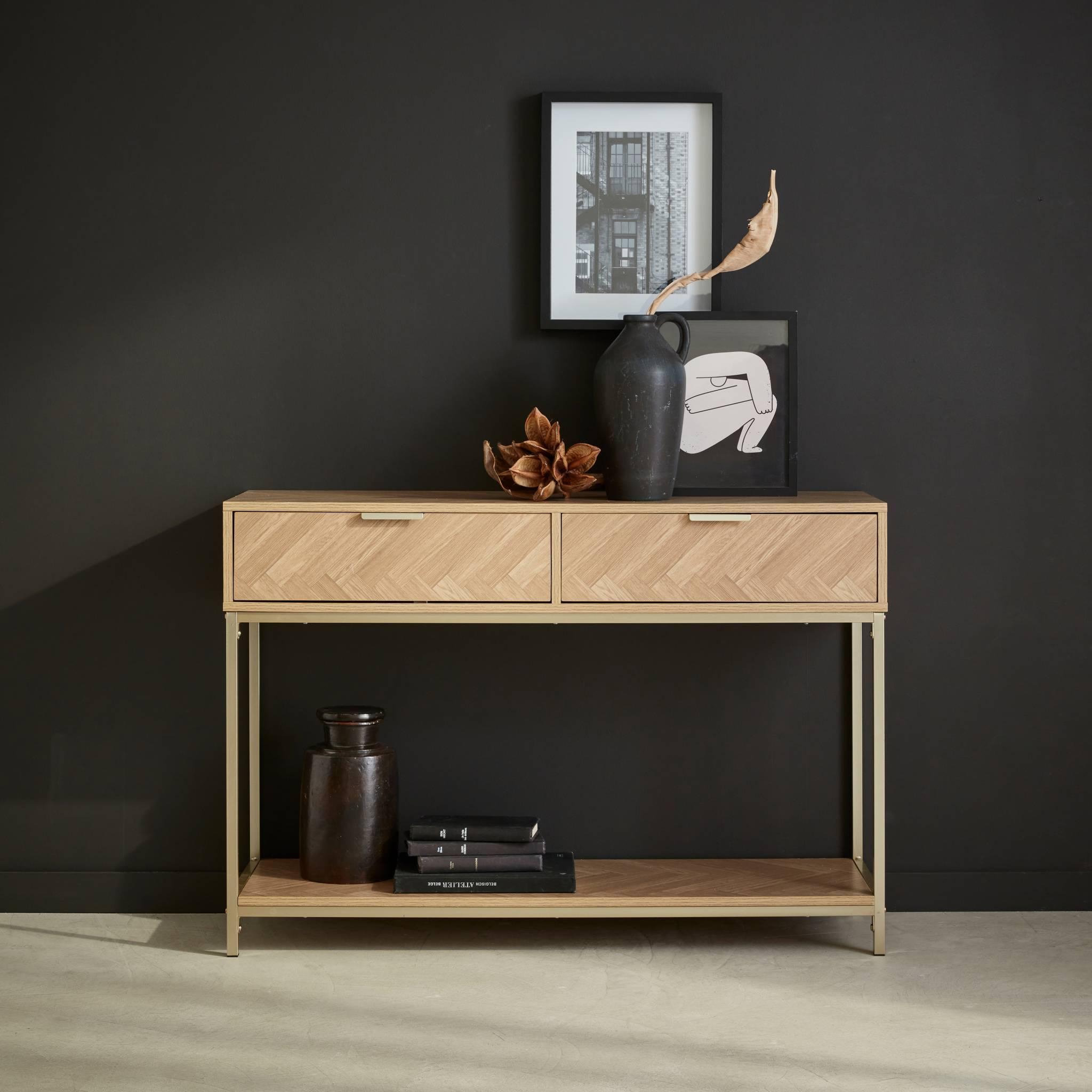 Voir la diapositive 6 : SWEEEK Console effet bois décor chevrons 2 tiroirs naturel - Budapest