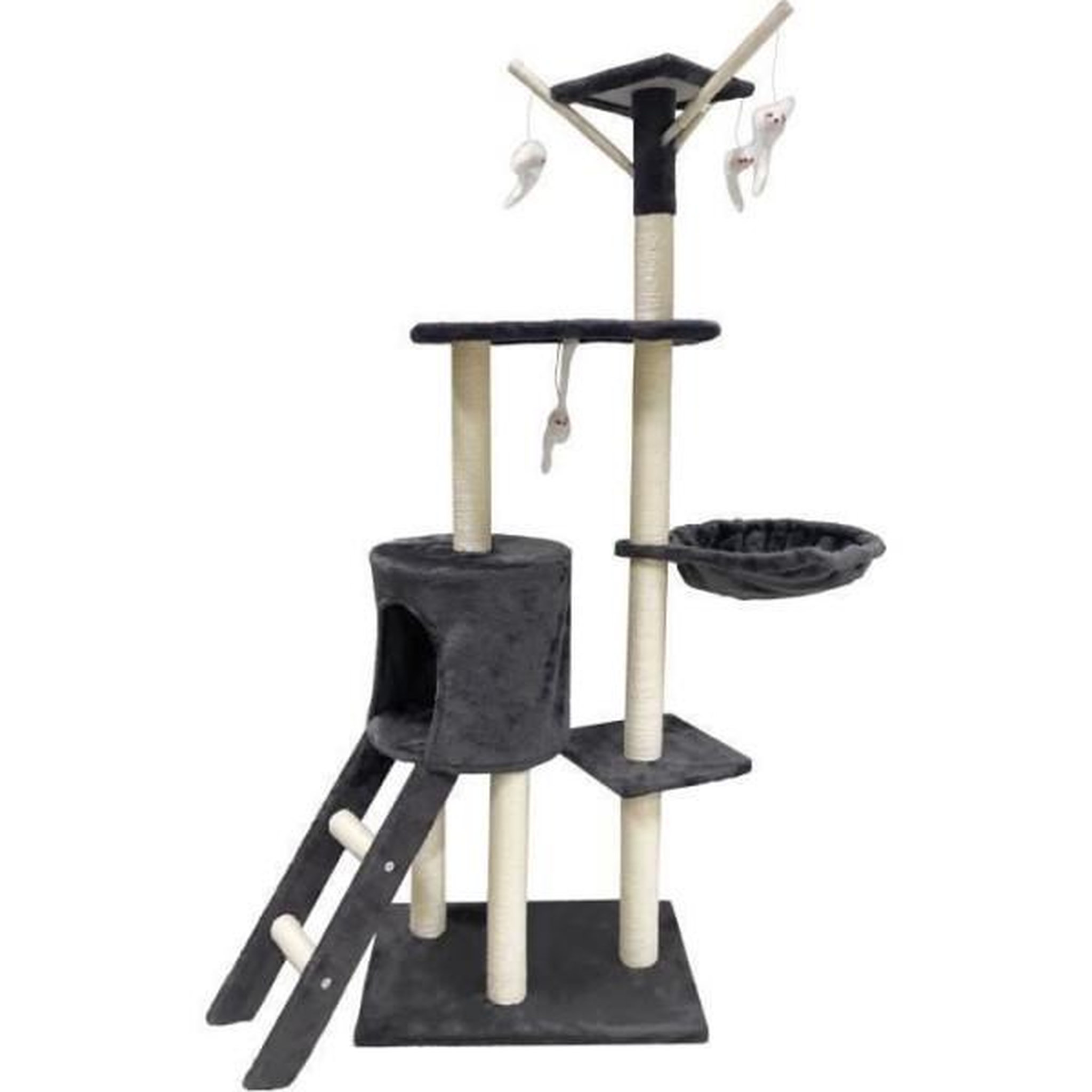 MARKET24 JIPSY Arbre a chat gris foncé 79 x 34 x 138 cm - 3 plateformes, 1 perchoir, 1 niche, 1 escalier, poteaux a griffer