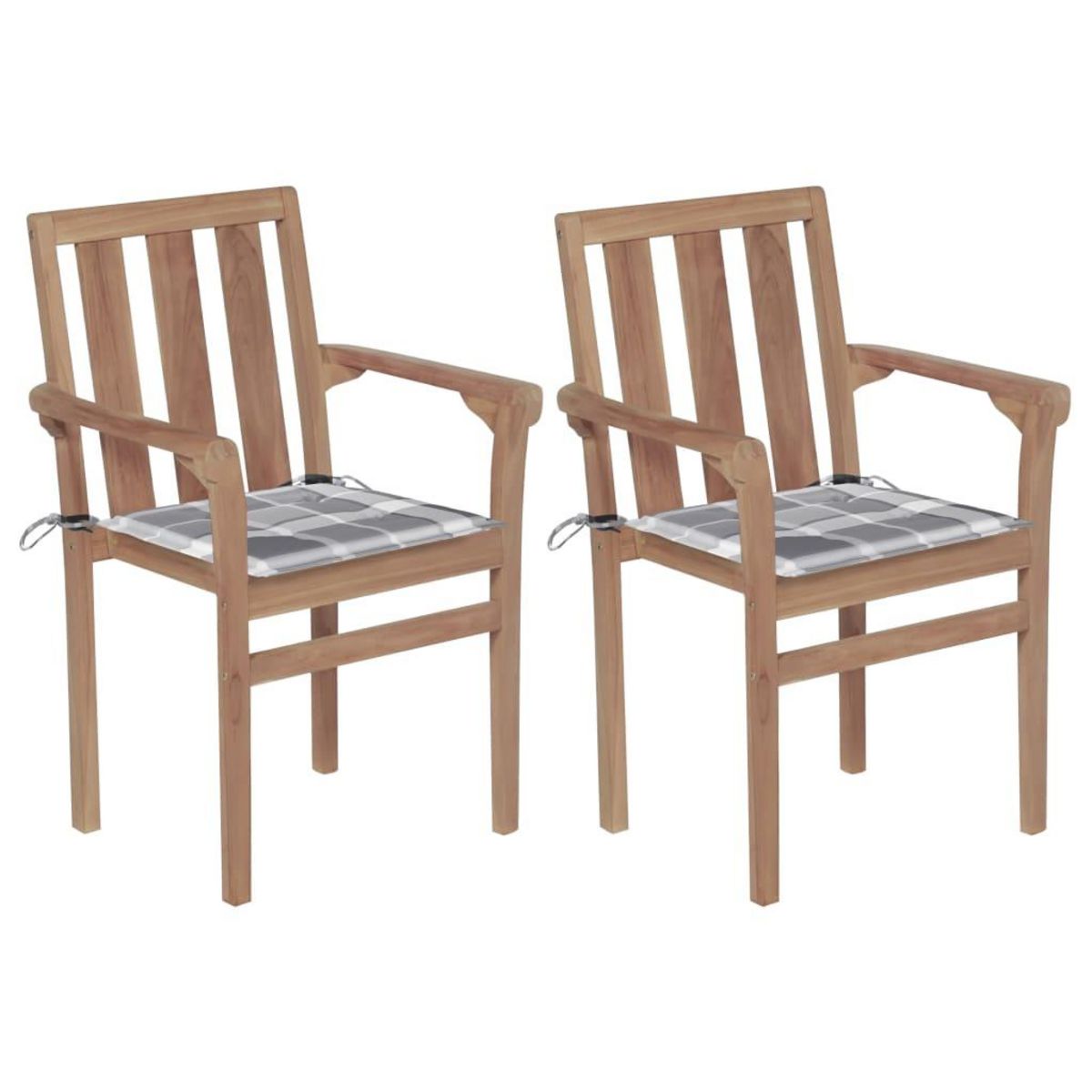 VIDAXL Chaises de jardin lot de 2 avec coussins a carreaux gris Teck