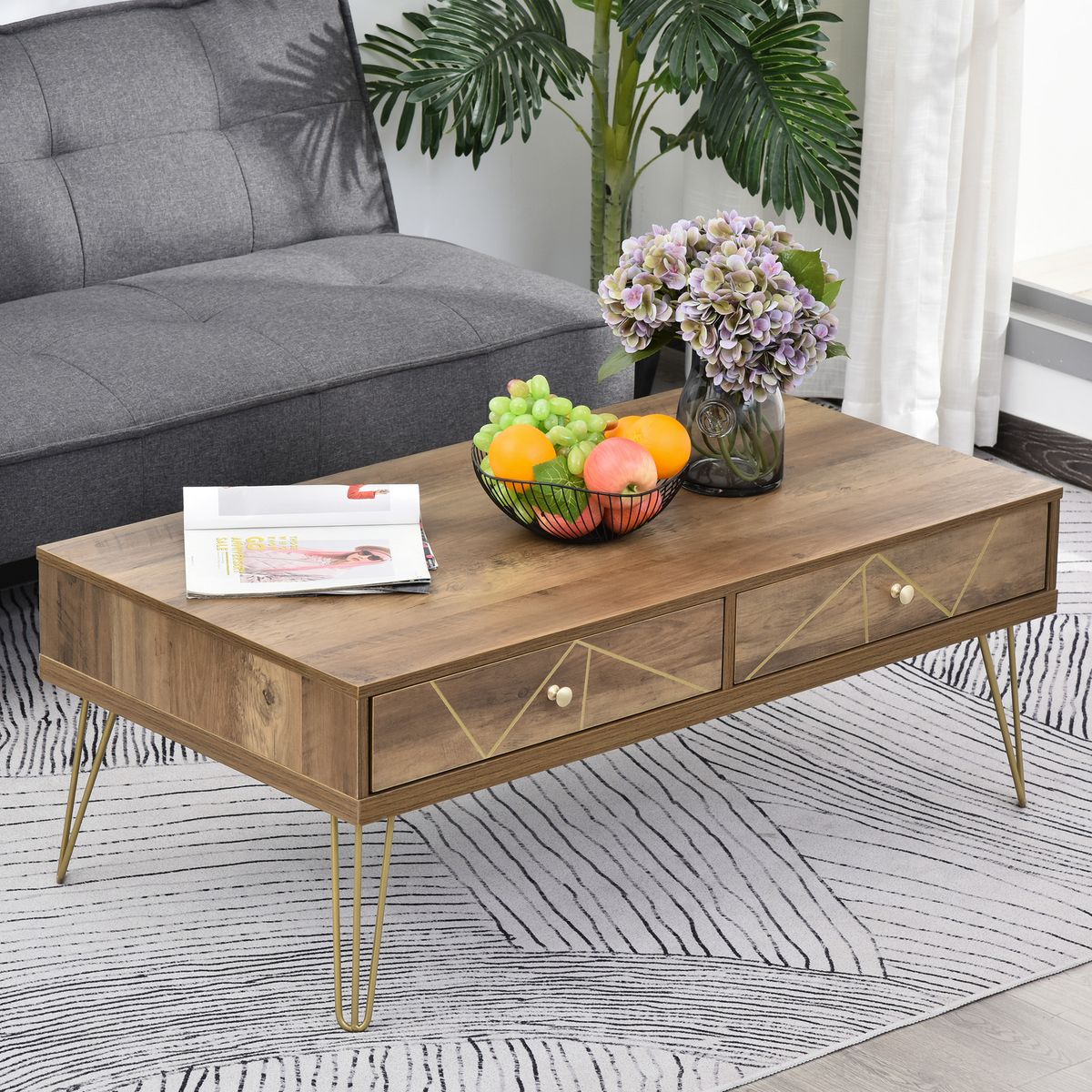 HOMCOM Table Basse en Bois Table de Salon Grand Plateau et 2 Tiroirs Design de Luxe Élégant Décoration avec Lignes Dorées Peintes à La Main 110L x 59l x 42H cm Brun