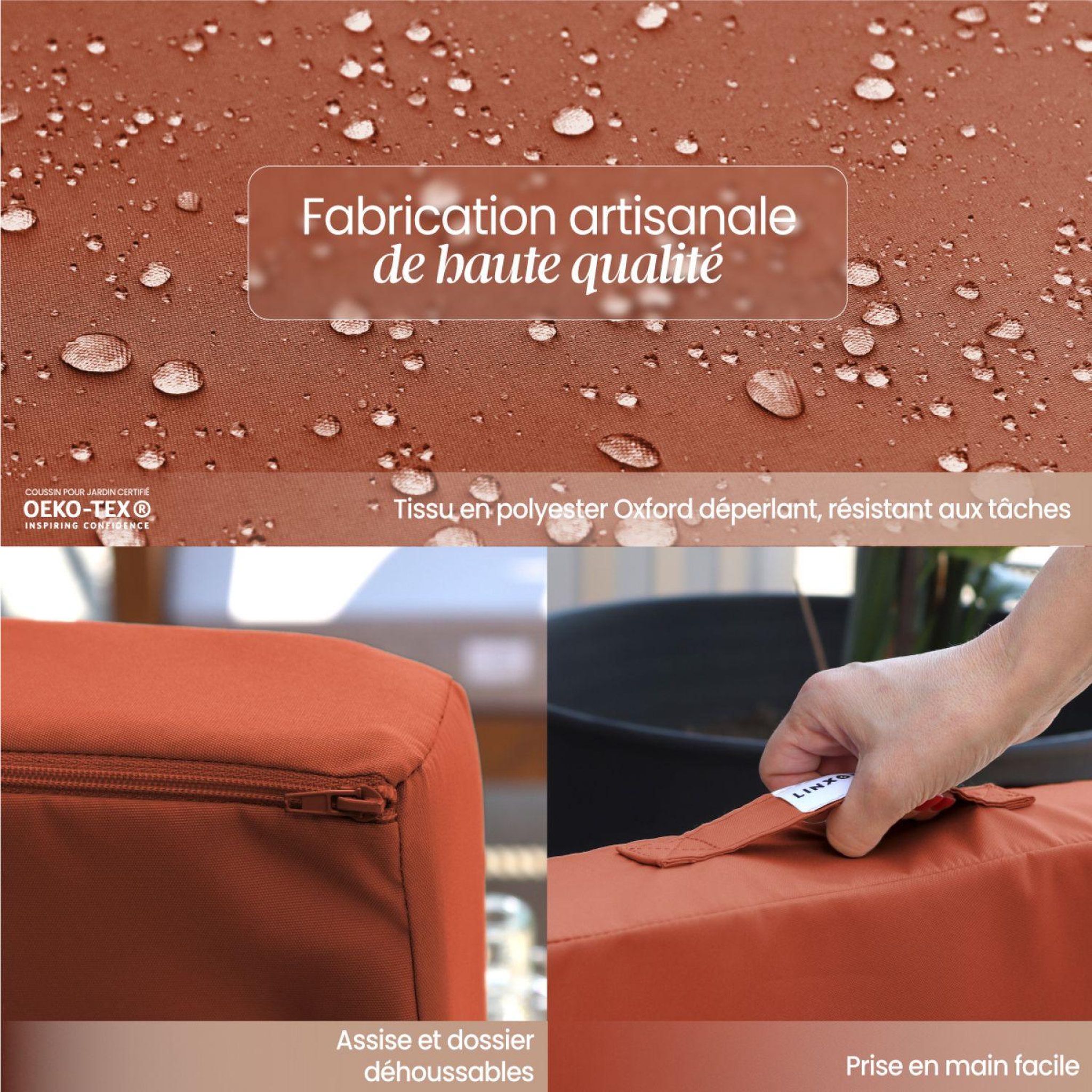 Voir la diapositive 3 : LINXOR Kit de coussins pour salon de jardin déhoussables - 60 x 60 cm