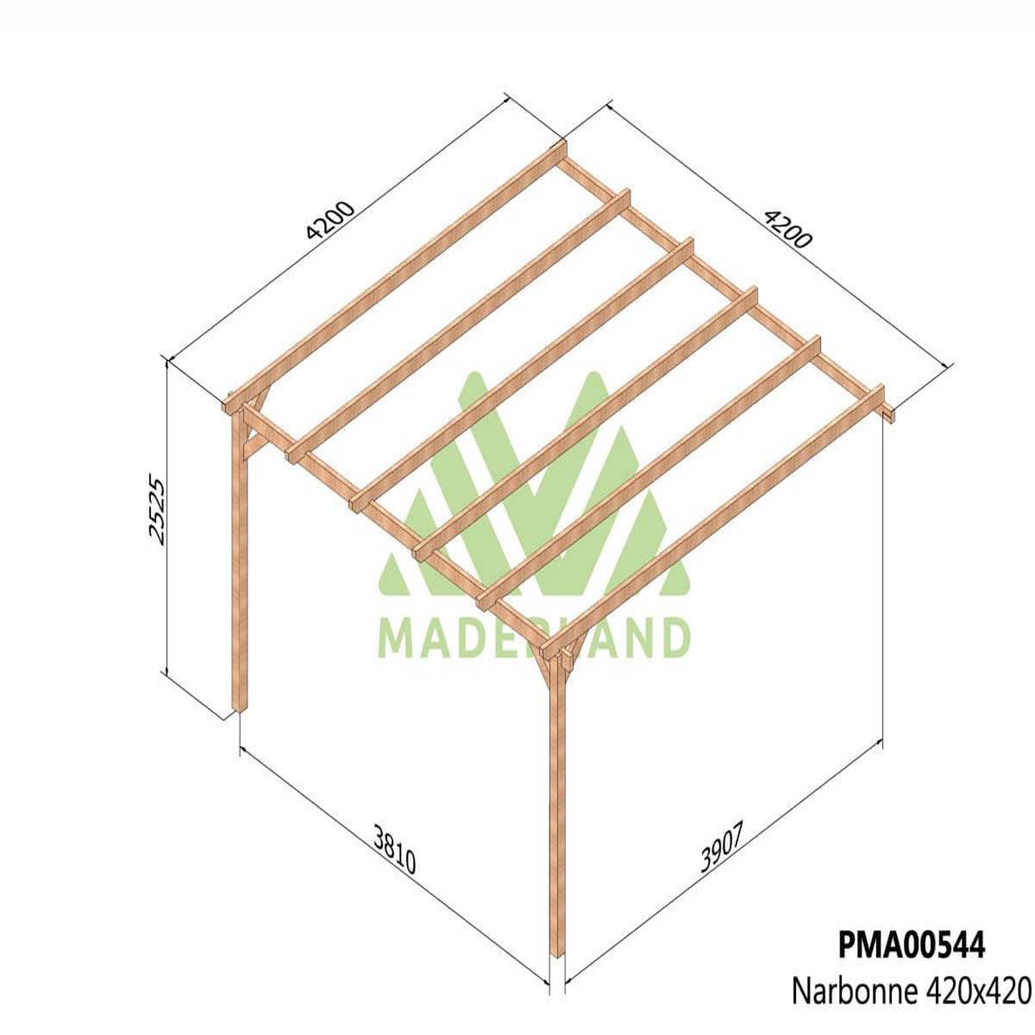 Voir la diapositive 2 : JARDIDECO Pergola adossée en bois massif narbonne 420 x 420 cm - maderland
