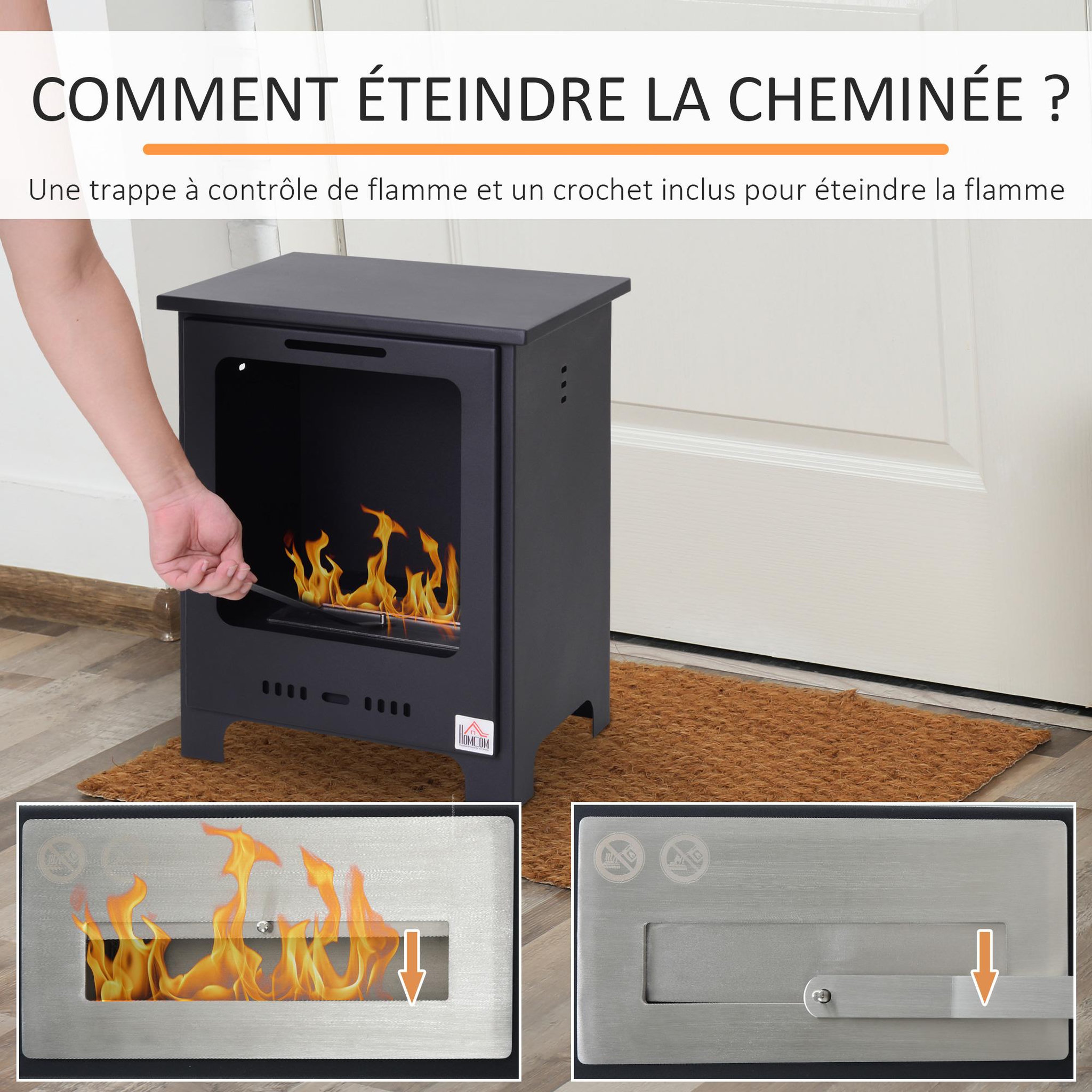 Voir la diapositive 5 : HOMCOM Cheminée bioéthanol sur pieds style néo-rétro poêle 1 brûleur 1,5 l dim. 40l x 30l x 50h cm couverture 20-25 m² noir