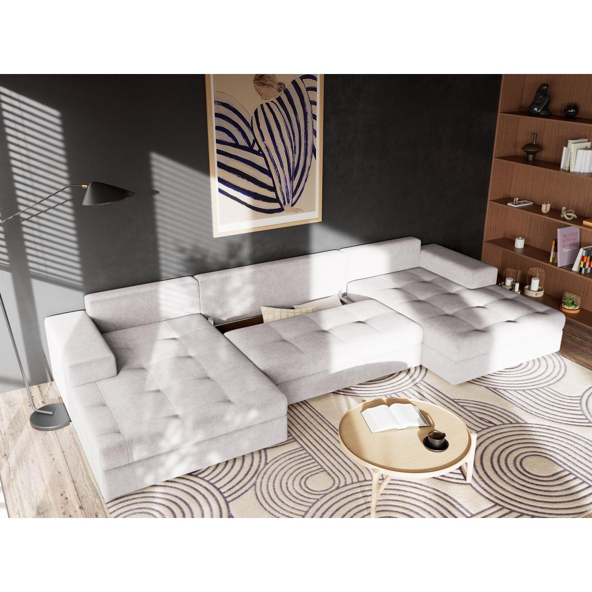 BEST MOBILIER Bastian - canapé panoramique en u 7 places convertible avec coffre en velours texturé