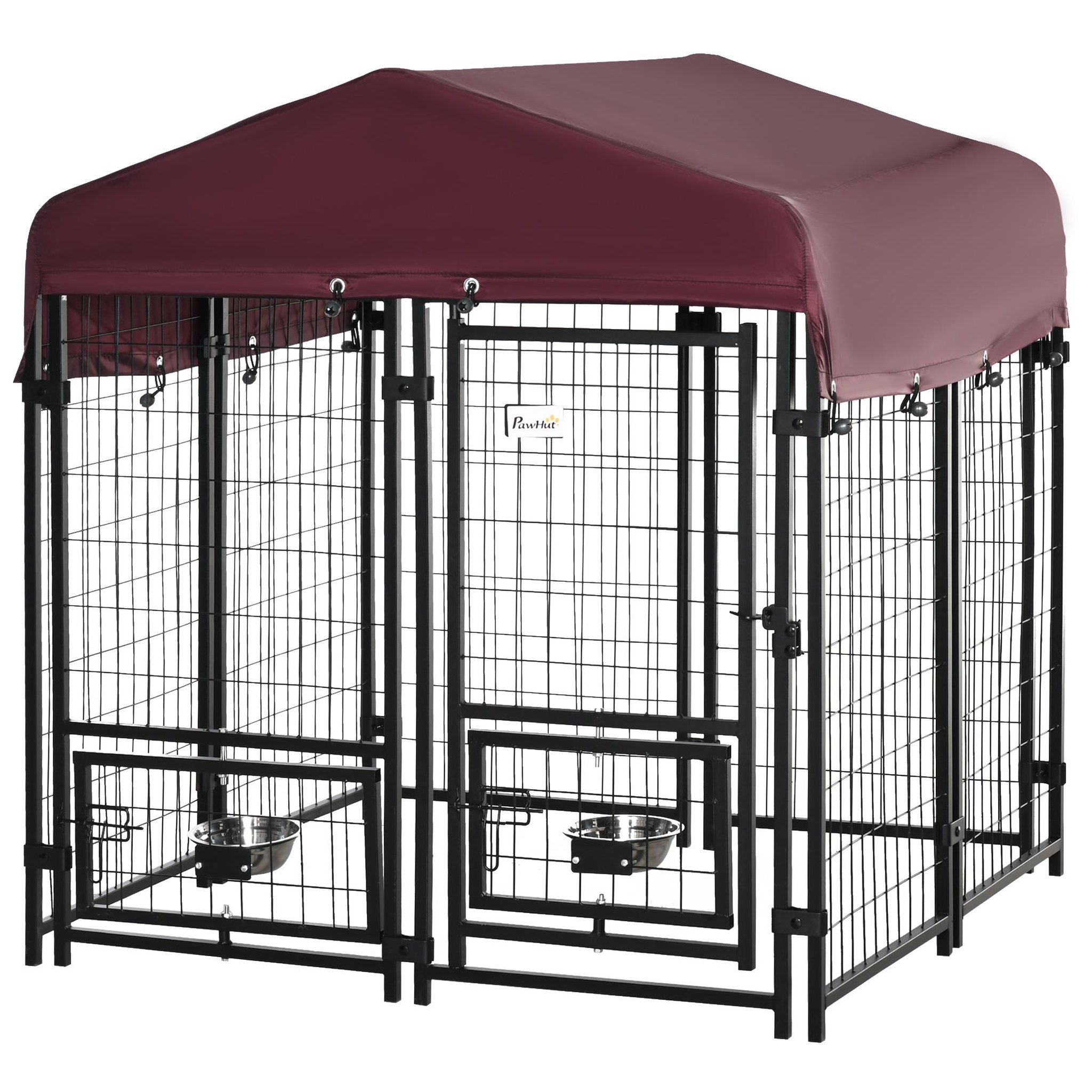 PAWHUT Chenil extérieur pour chien - cage chien - enclos chien - toile toit imperméable anti-uv, porte verrouillable, 2 bols rotatifs - acier noir oxford pourpre