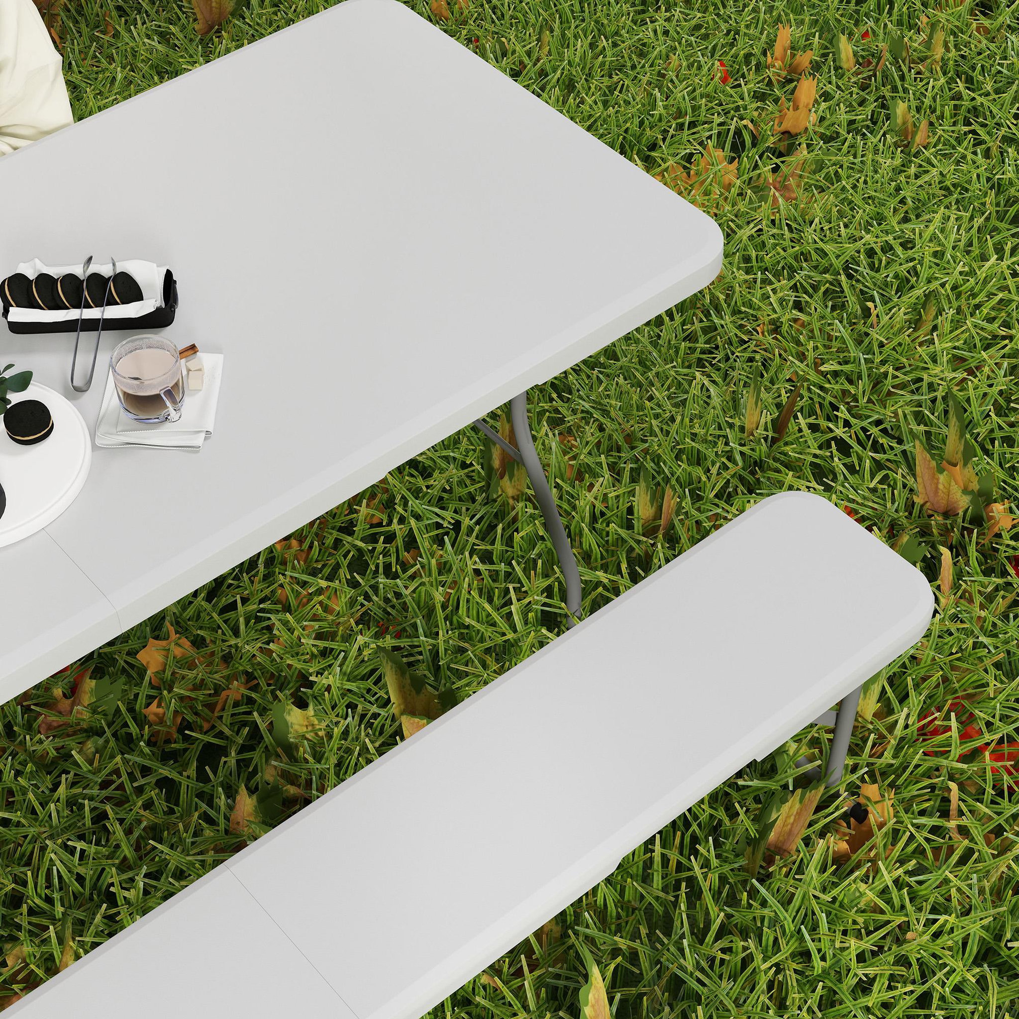 Voir la diapositive 6 : OUTSUNNY Ensemble table 2 bancs pliables avec poignées - usage pique-nique camping - métal époxy hdpe blanc