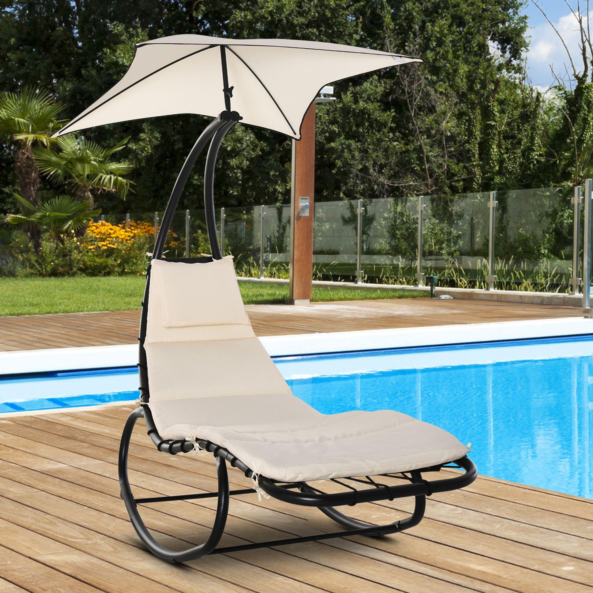 Voir la diapositive 2 : OUTSUNNY Bain de soleil transat à bascule design contemporain avec pare-soleil, matelas grand confort, tétière métal époxy noir polyester crème