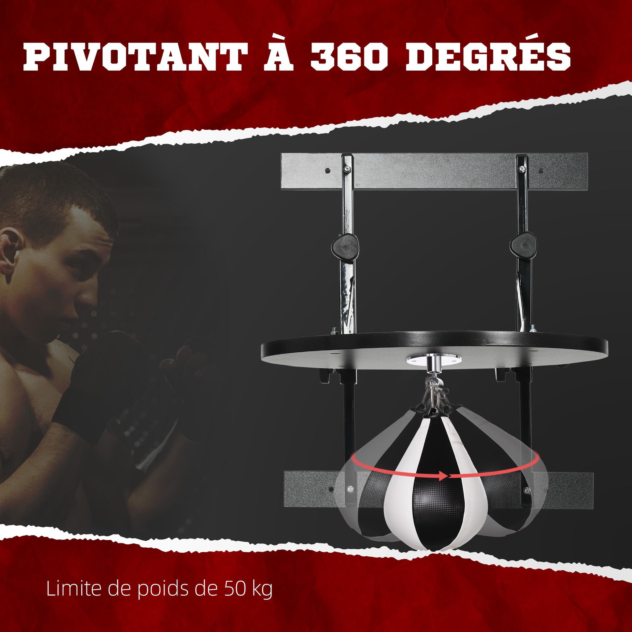 Voir la diapositive 5 : HOMCOM Poire de vitesse boxe pivotante 360° - crochet, pompe inclus - acier PU noir blanc
