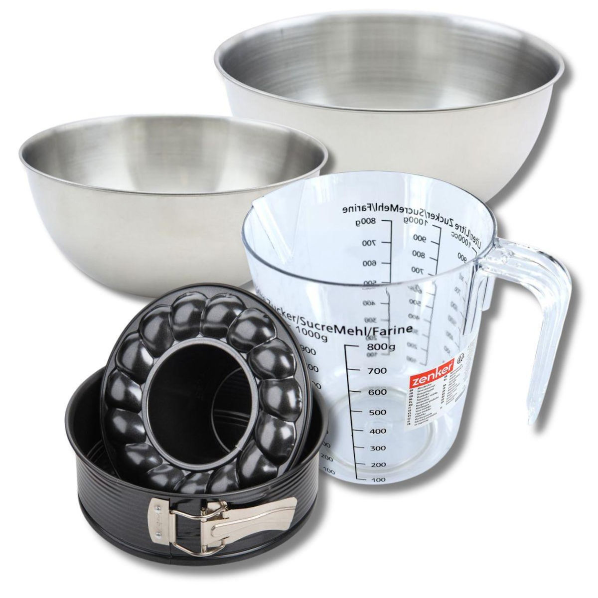 ZENKER Set pâtisserie avec moule à manqué et à savarin 24 cm, 2 bols à mixer, verre mesureur et spatule Zenker