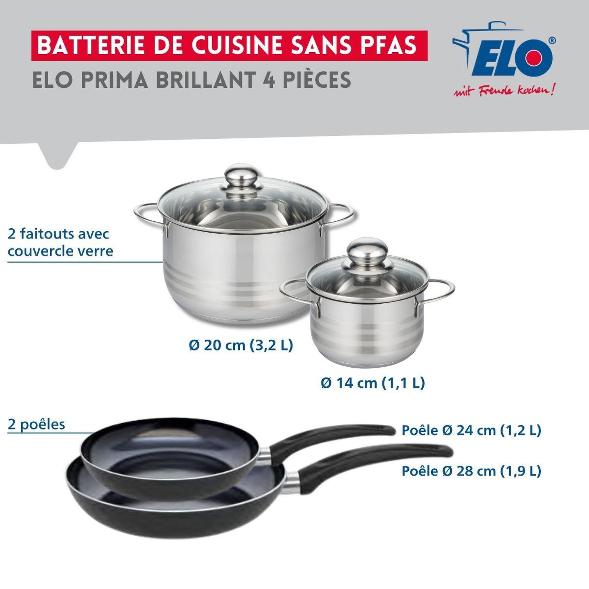 Voir la diapositive 2 : ELO Ensemble de 2 poêles de cuisson 24 et 28 cm et 2 faitouts 14 et 20 cm elo prima brillant
