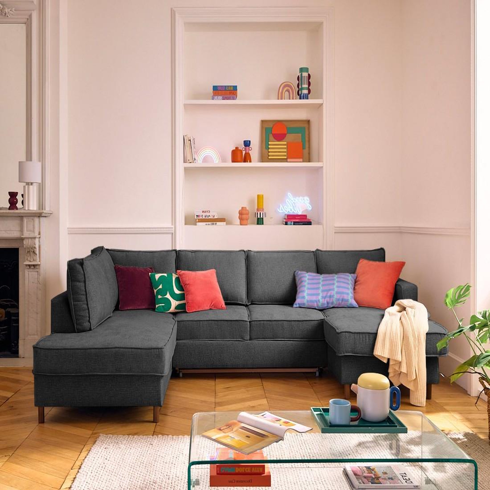 Voir la diapositive 1 : LISA DESIGN Jake - canapé panoramique d'angle gauche 7 places convertible avec coffre en tissu velours relief
