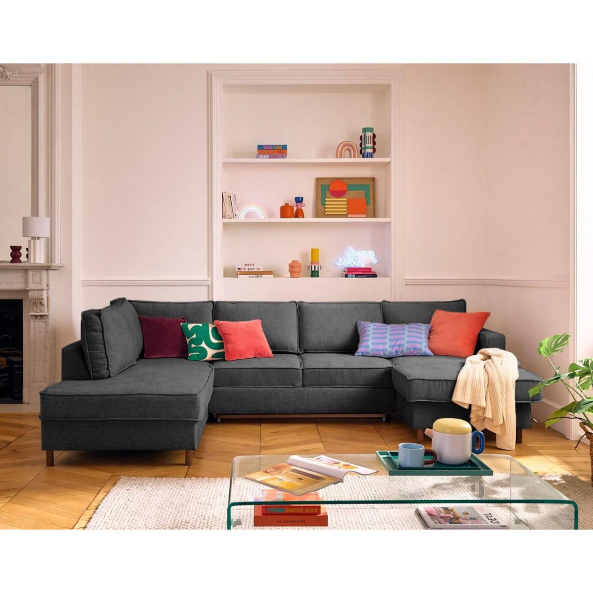 LISA DESIGN Jake - canapé panoramique d'angle gauche 7 places convertible avec coffre en tissu velours relief
