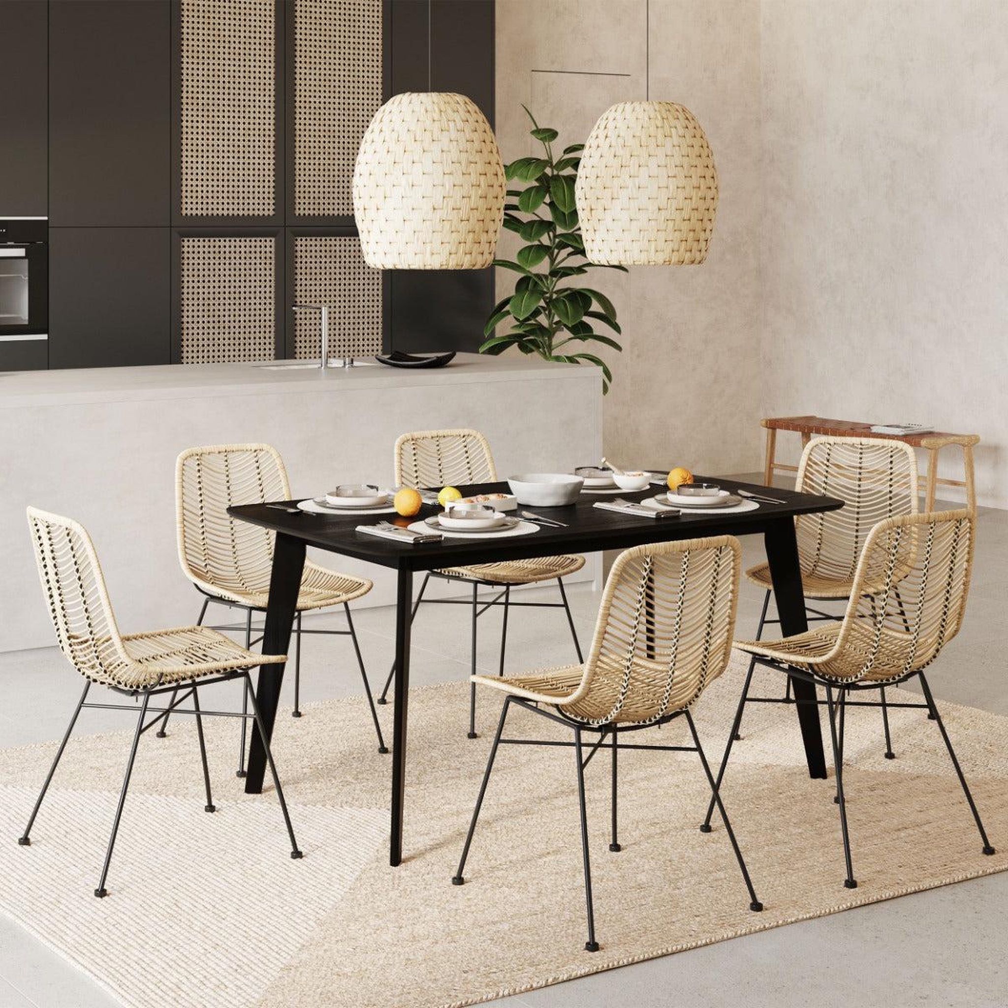 Voir la diapositive 5 : MAISON PAVANE Table rectangulaire 6 personnes en bois noir 150 cm-oman