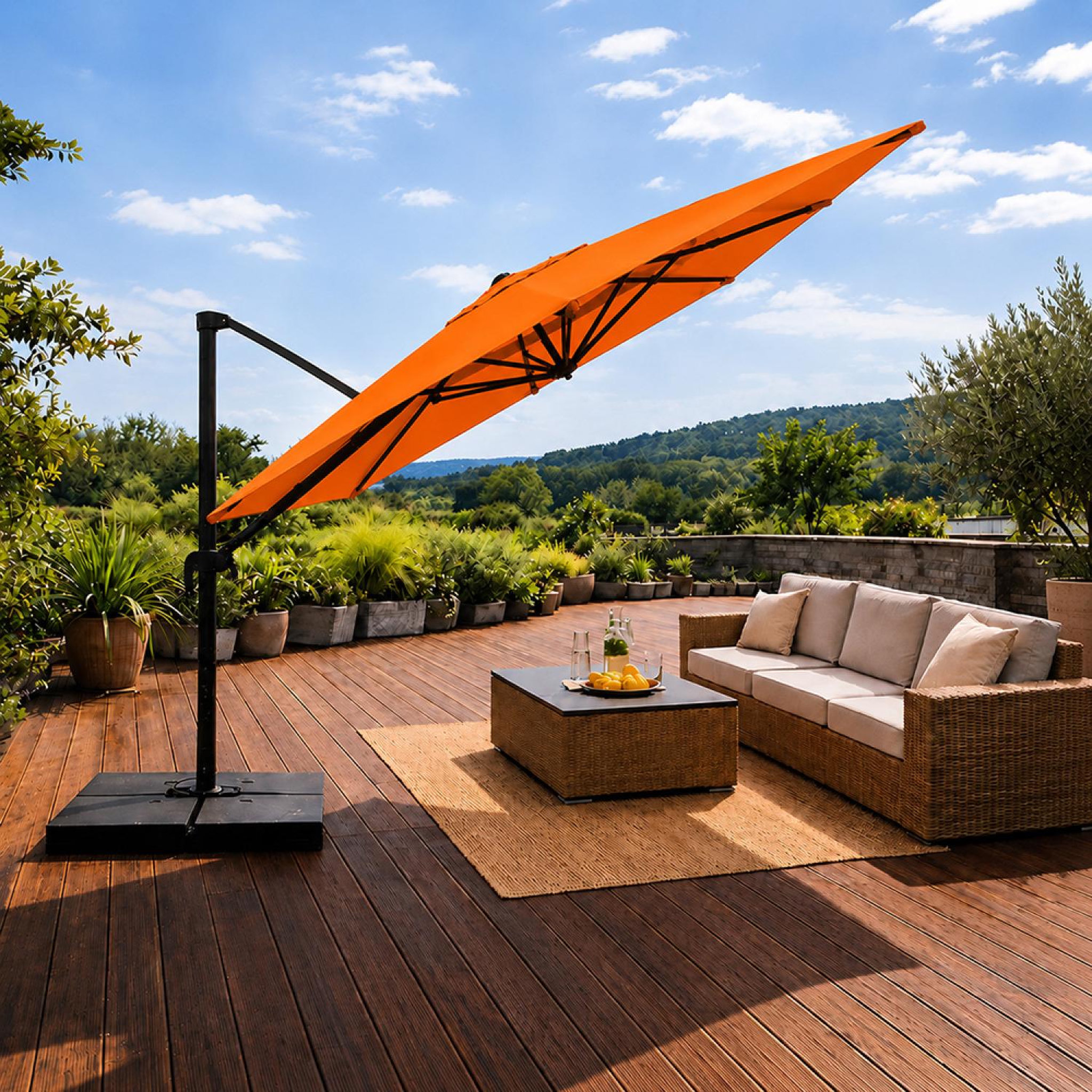 Voir la diapositive 5 : CONCEPT USINE Parasol rectangulaire 3x4 déporté rotatif orange en aluminium cezir