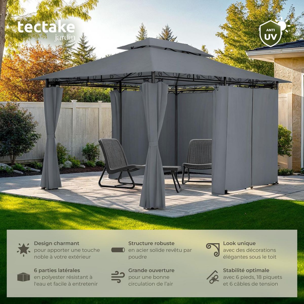 tectake Pavillon de jardin 4 x 3 m gris anthracite
