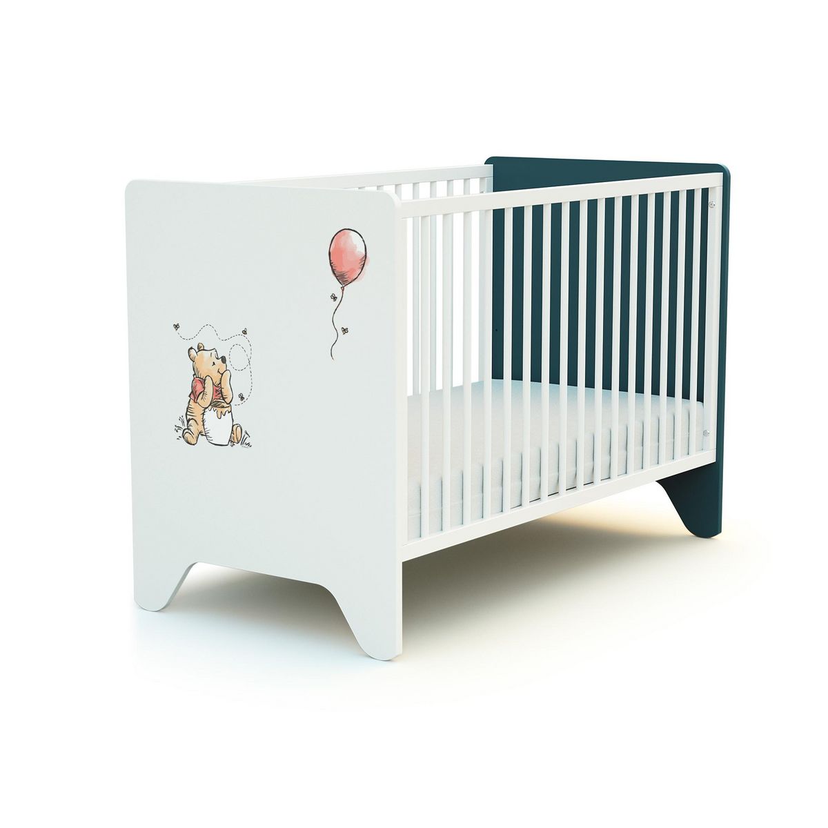 AT4 Ensemble lit bébé 60x120 cm et commode à langer 3 tiroirs WINNIE BALLON DISNEY Bleu canard