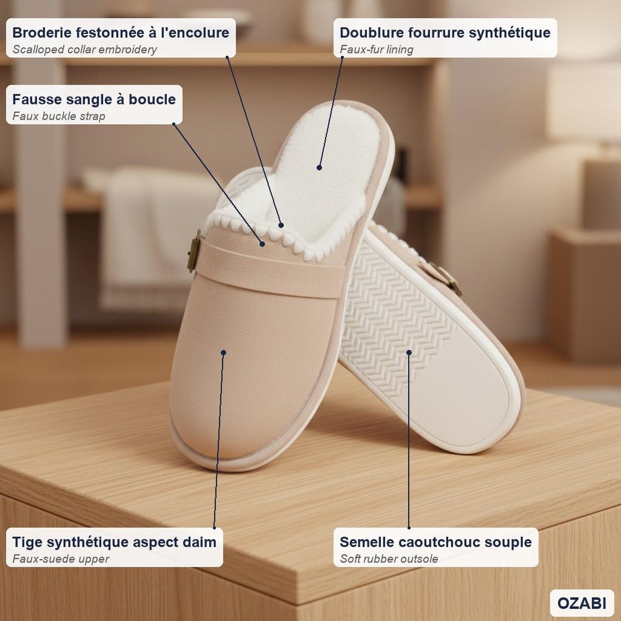 Voir la diapositive 4 : OZABI OZABI Mules Femme, Aspect Daim, Broderie Scandinave, Doublure Fourrure