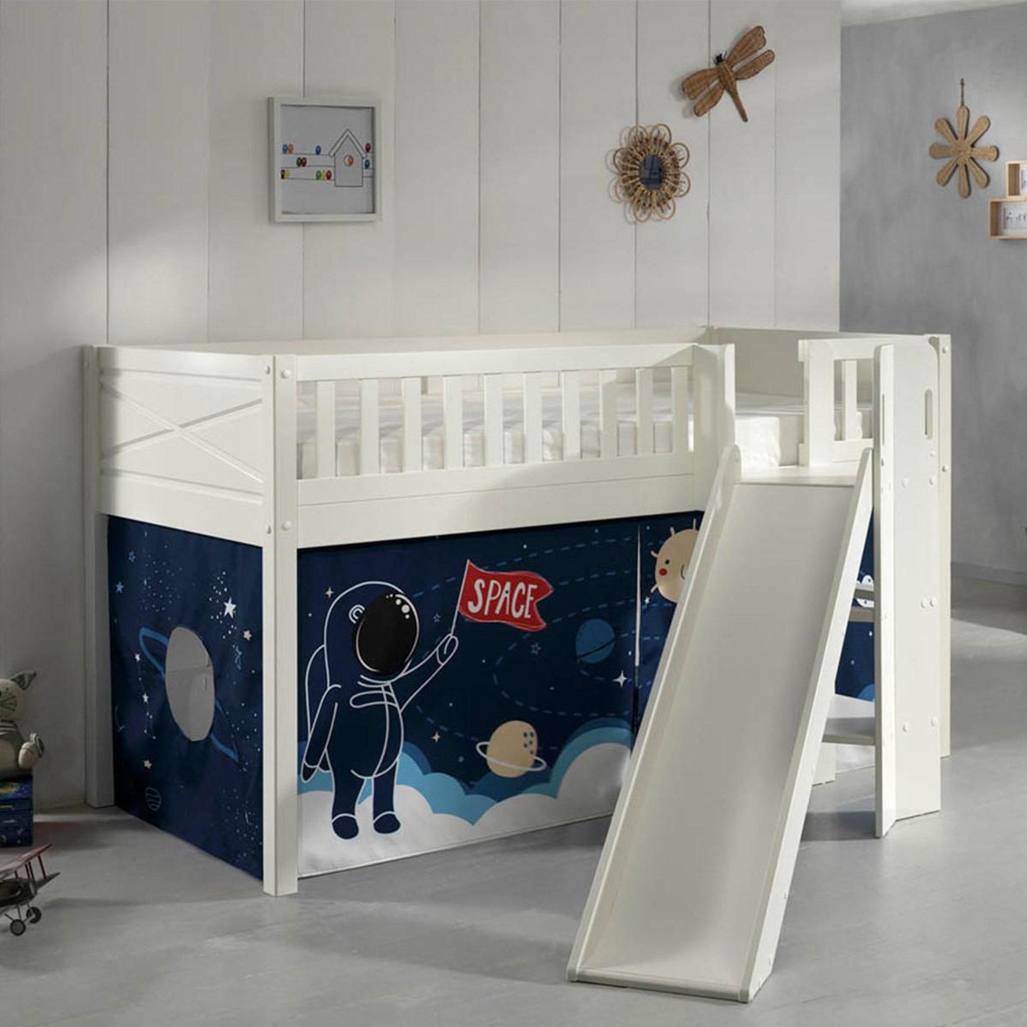Voir la diapositive 5 : Paris Prix Lit enfant toboggan & tente  scott space shuttle  90x200cm blanc