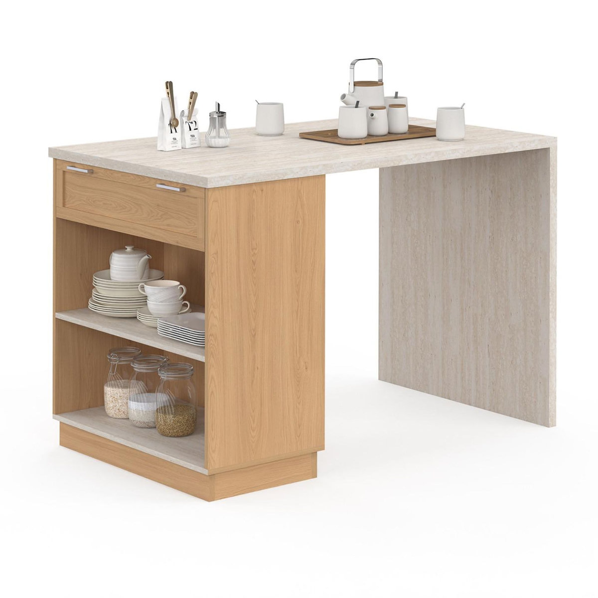 ID MARKET Ilot central mange-debout 4 personnes VITO 130 cm bois et plateau effet travertin