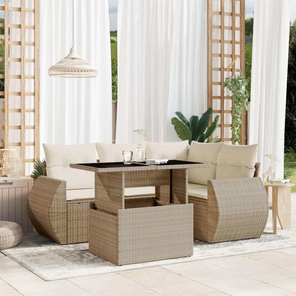 VIDAXL Salon de jardin avec coussins 5 pcs beige resine tressee