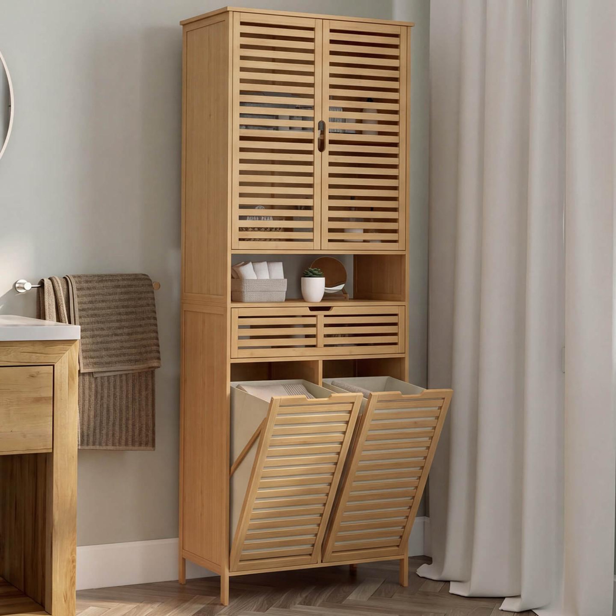 Voir la diapositive 2 : ID MARKET Meuble armoire colonne salle de bain bambou BEA 4 portes avec 2 paniers à linge amovibles 1 tiroir