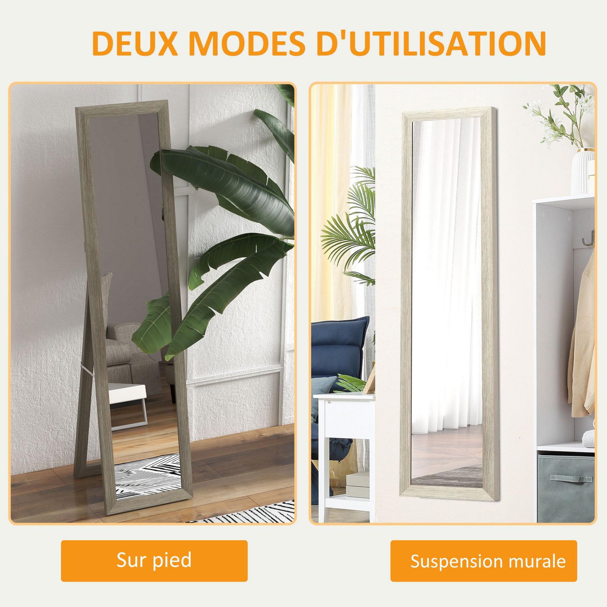 HOMCOM Miroir sur pied et mural rectangulaire dim. 37L x 40l x 157H cm aspect bois gris