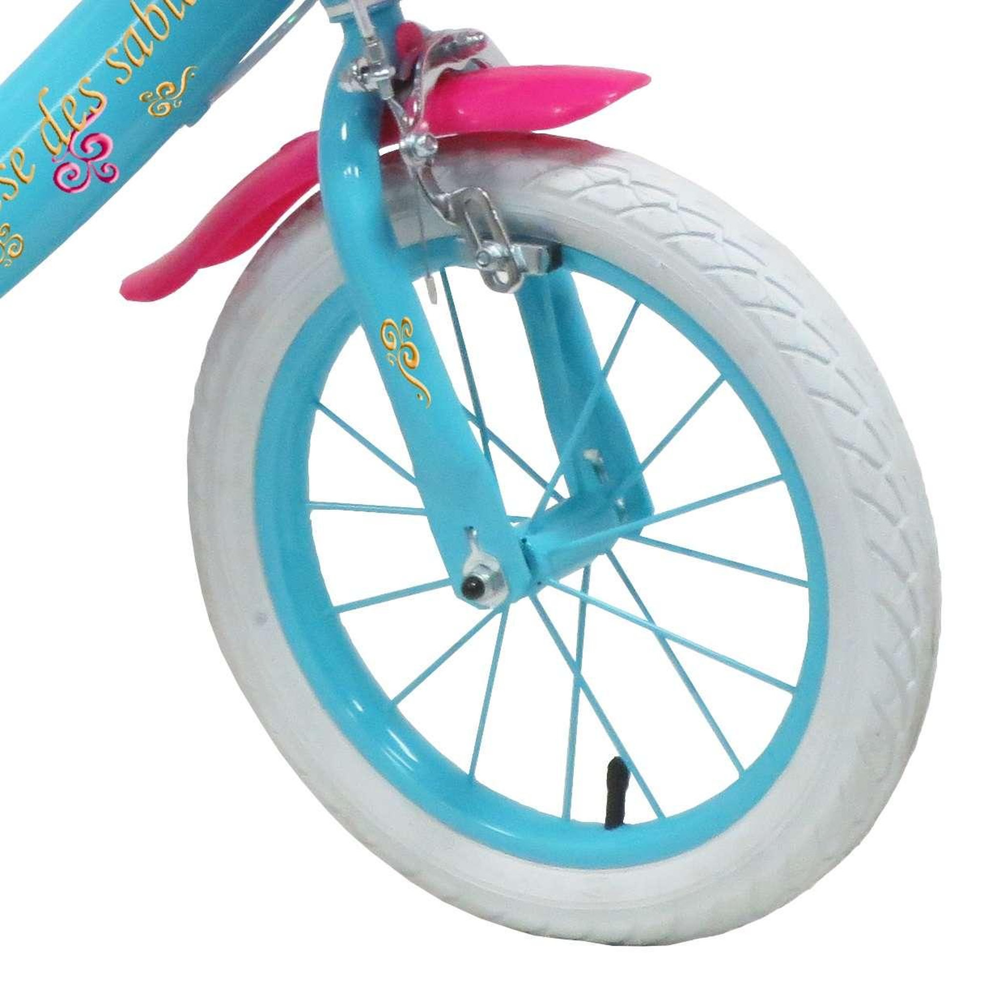 Voir la diapositive 4 : Vélo enfant - Modèle 16'' Fille  Princesse des Sables  pour enfant de 105 à 120 cm  avec stabilisateurs - Panier avant - Porte poupée arrière - 2 freins & Pneus gonflables