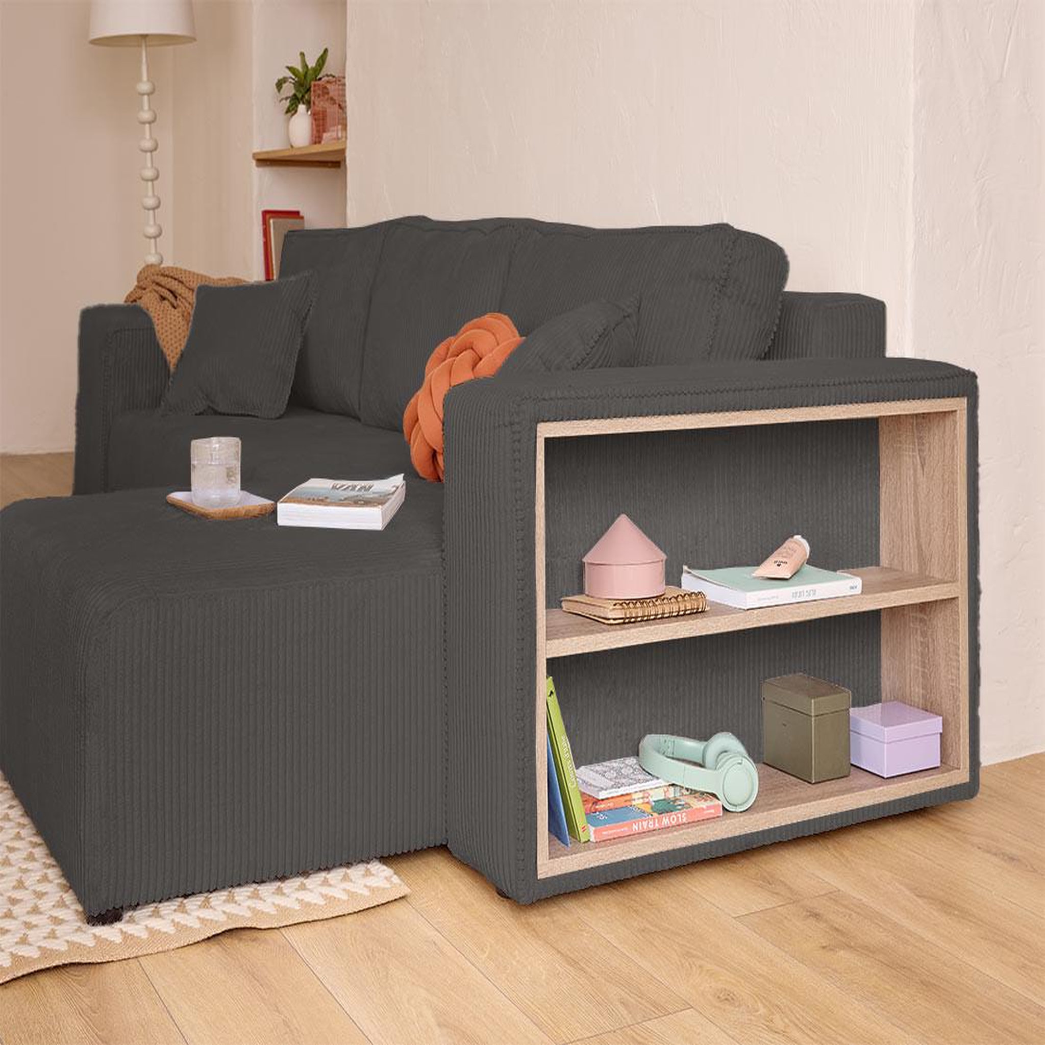 Voir la diapositive 4 : BEST MOBILIER Topaze - canapé d'angle réversible 4 places - convertible avec coffre, tablette et poufs - en velours côtelé