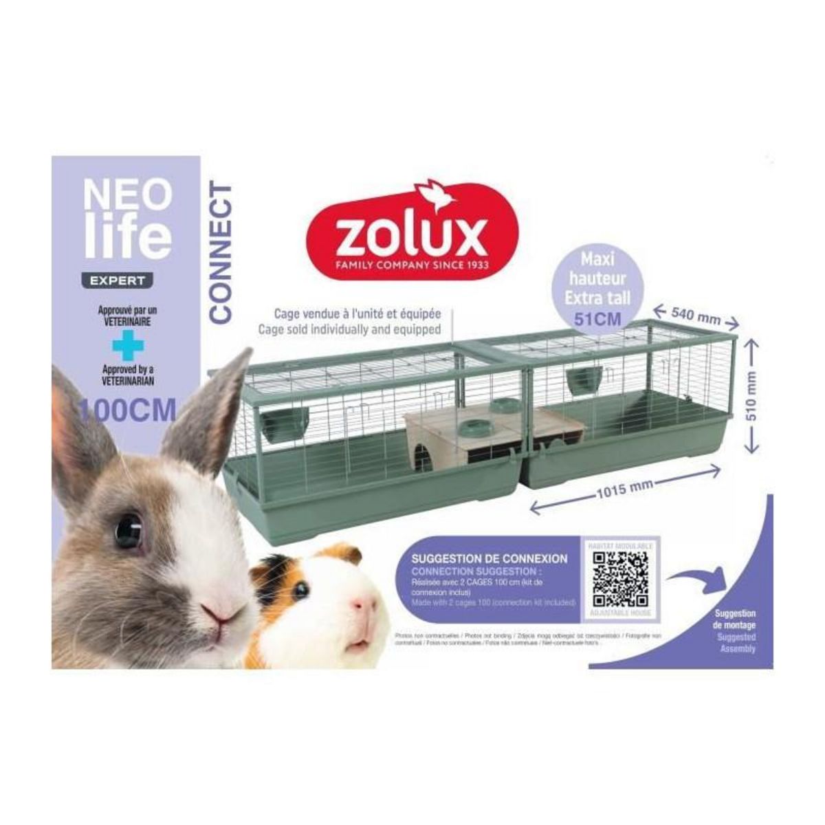 Zolux Cage rongeur - Zolux - Néolife Connect - Pour lapin et cochon d'inde - 101.5 x 54 x 51 cm - Vert