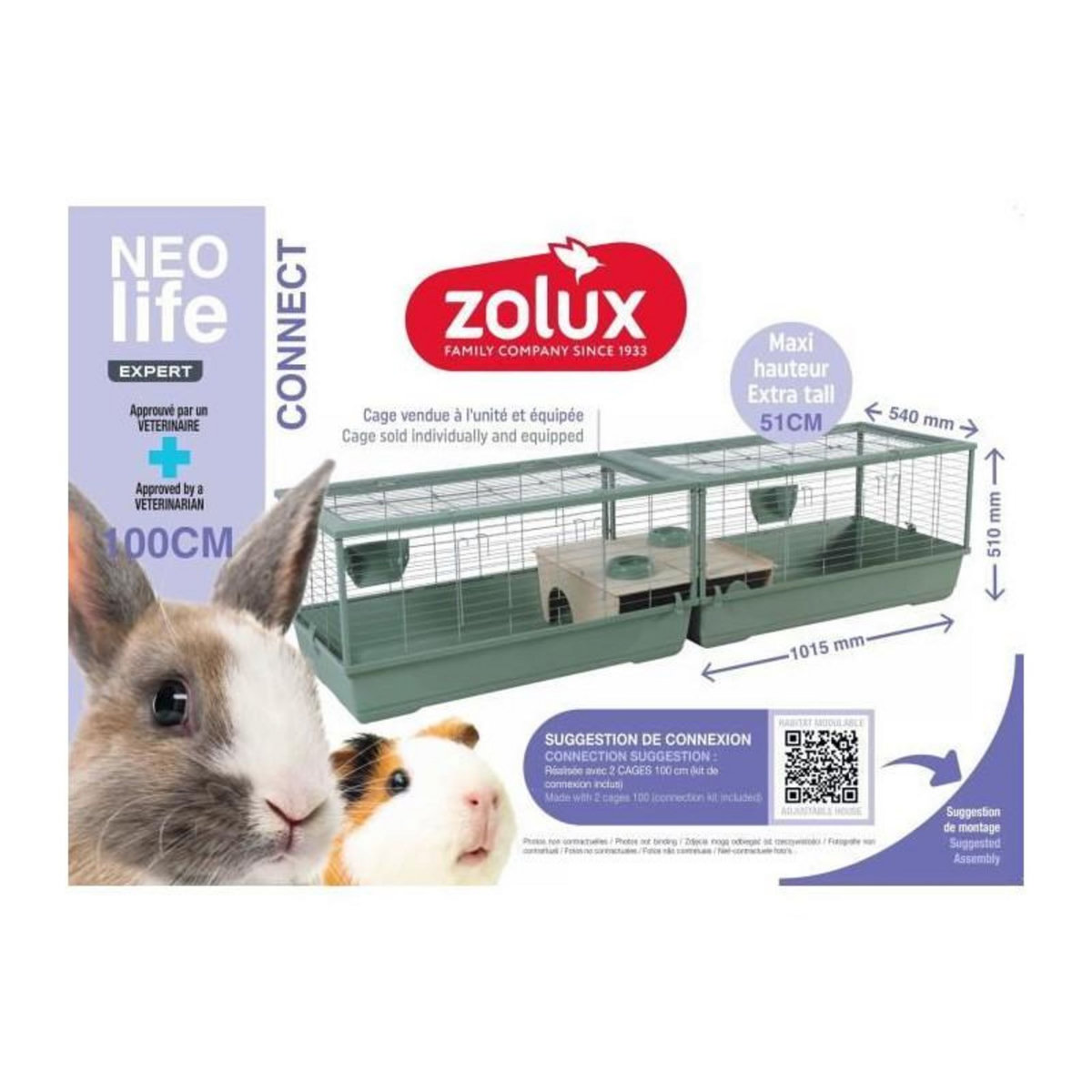 Zolux Cage rongeur - Zolux - Néolife Connect - Pour lapin et cochon d'inde - 101.5 x 54 x 51 cm - Vert