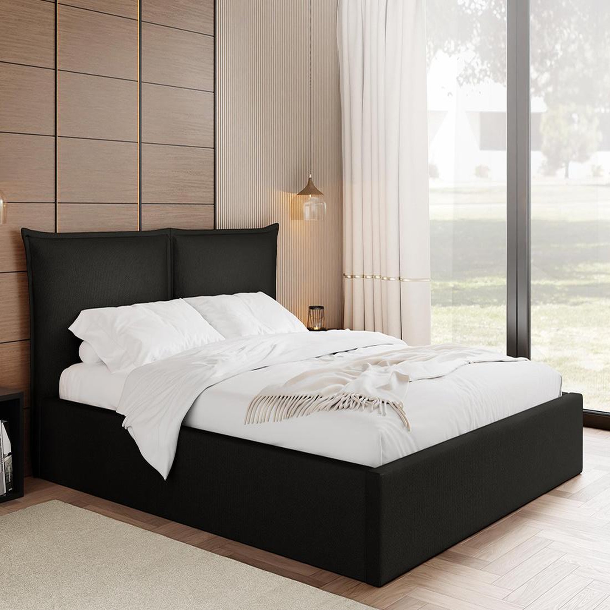 BEST MOBILIER John - lit coffre - 160x200 cm - en velours - sommier inclus. Coloris disponibles : Noir, Gris, Orange, Marron, Beige, Vert