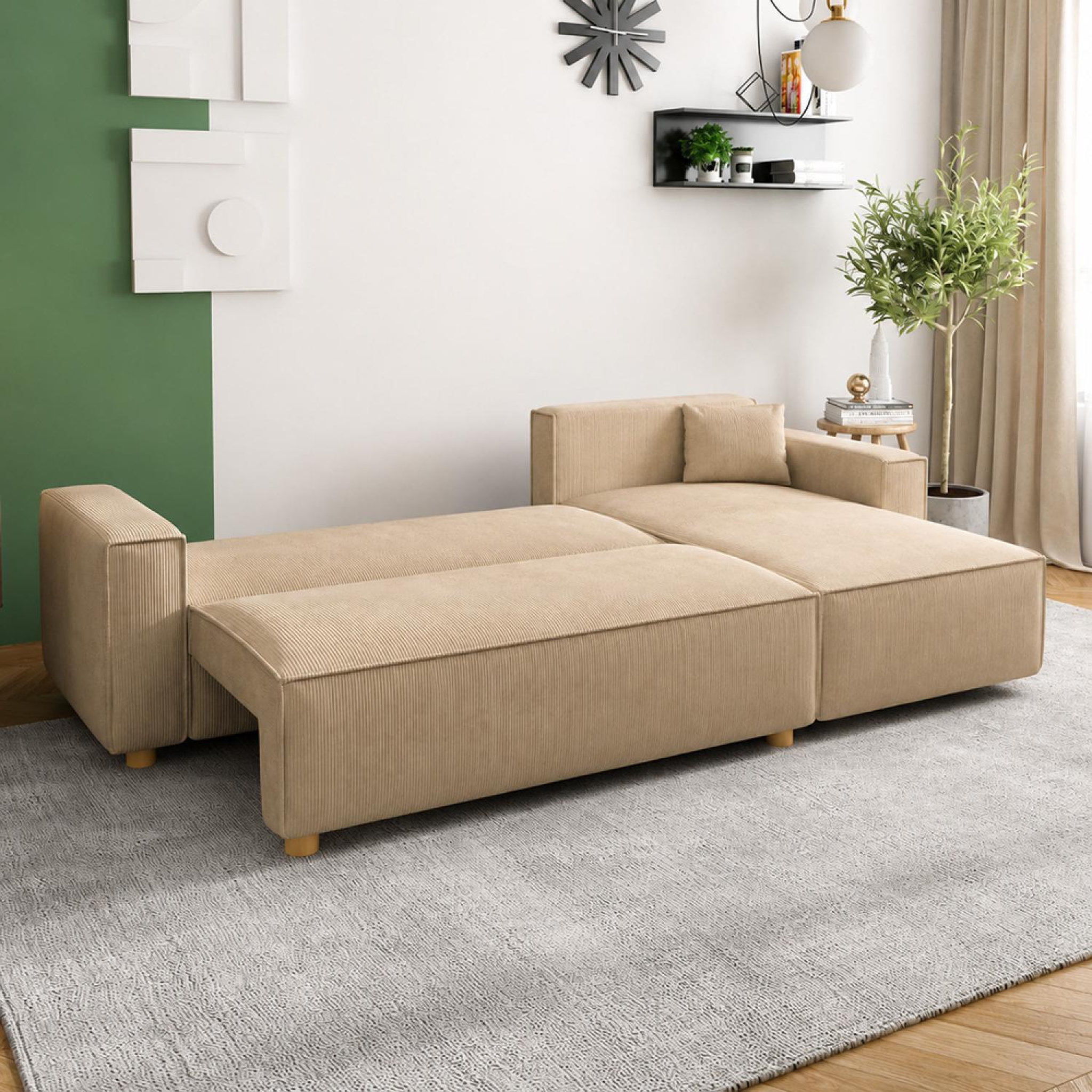 Voir la diapositive 6 : CONCEPT USINE Canapé convertible d'angle réversible 4 places velours côtelé beige cosy