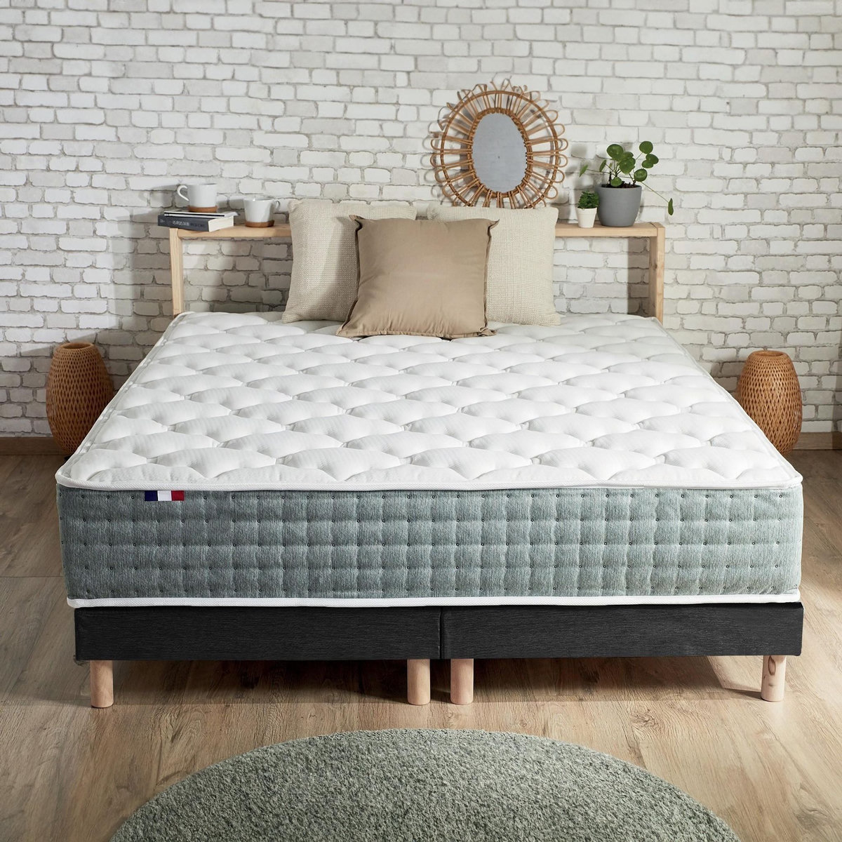 IDLITERIE Ensemble matelas Ressort 7 zones HYGGE + Sommier + couette + oreillers Fabriqué en France