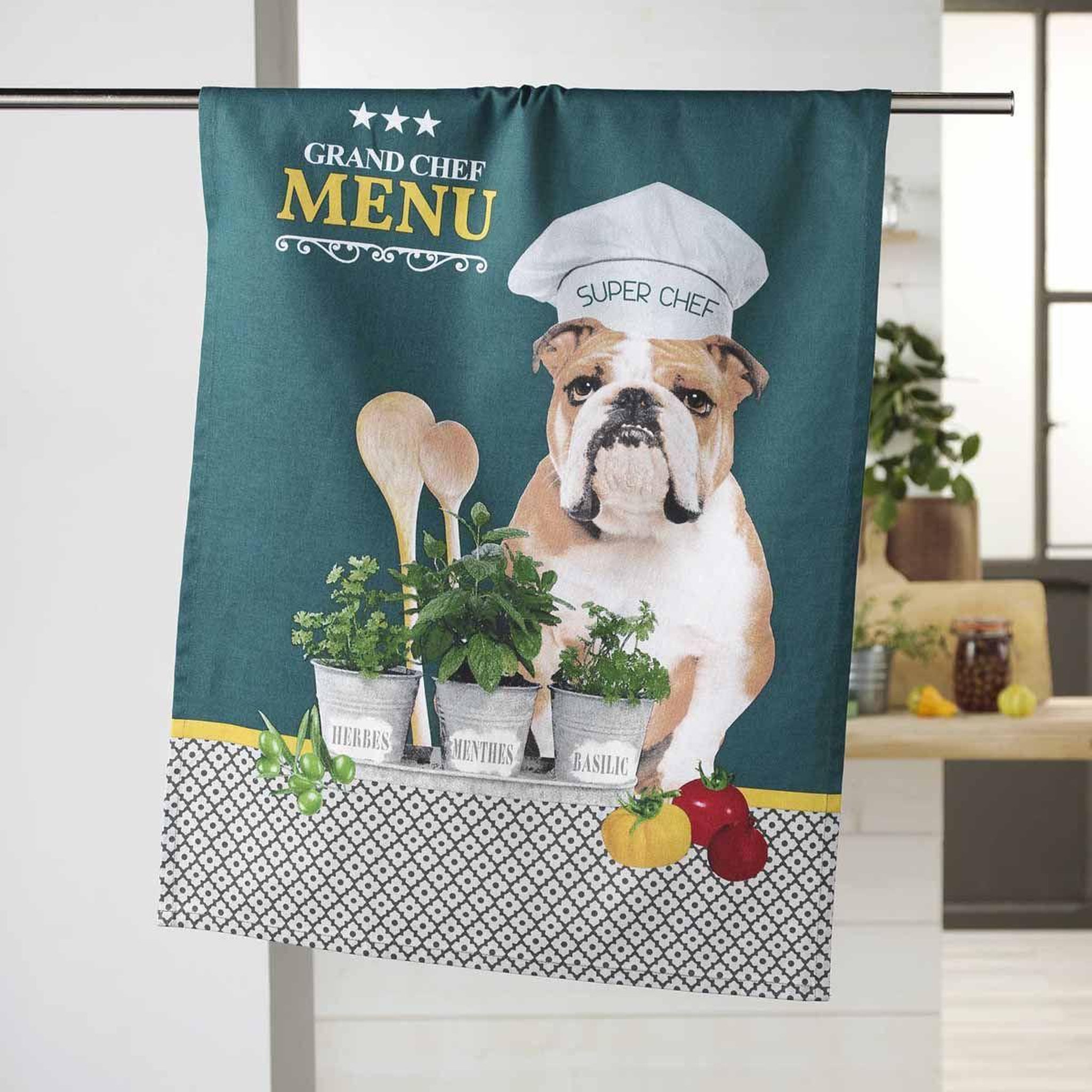 Voir la diapositive 2 : Douceur d'Intérieur Torchon de cuisine imprimé  hot dog  50x70cm bleu