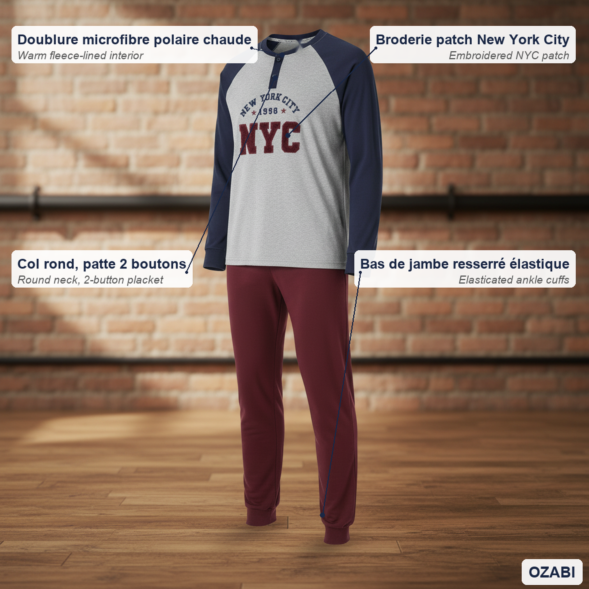 Voir la diapositive 5 : OZABI Ozabi pyjama homme doublé polaire broderie new york city