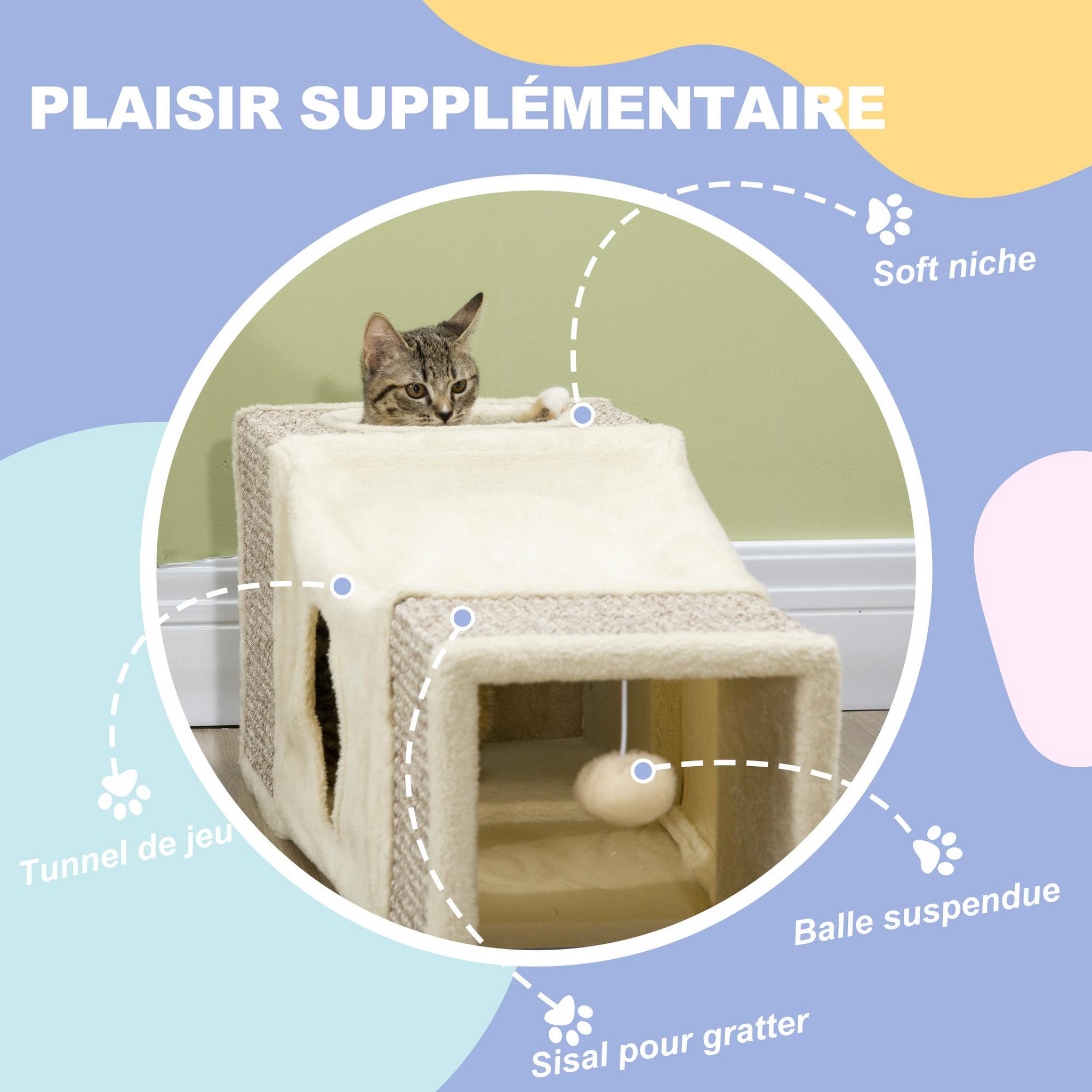 Voir la diapositive 6 : PAWHUT Tunnel grattoir niche modulable pour chat 3 en 1 - jeu balle suspendue - 4 entrées - peluche beige sisal grège