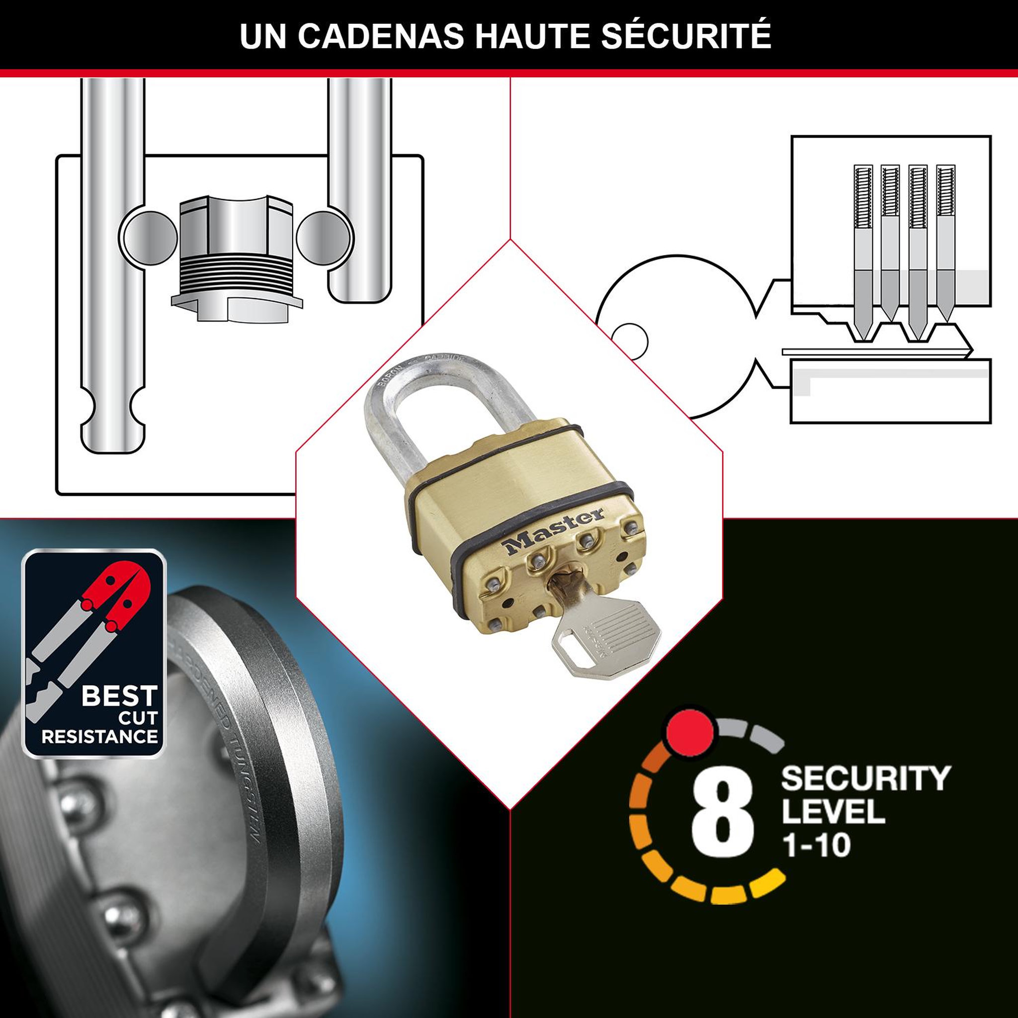 Voir la diapositive 3 : Master lock Cadenas haute sécurité [a clé] [acier laminé + finition laiton] [extérieur] m1beurd