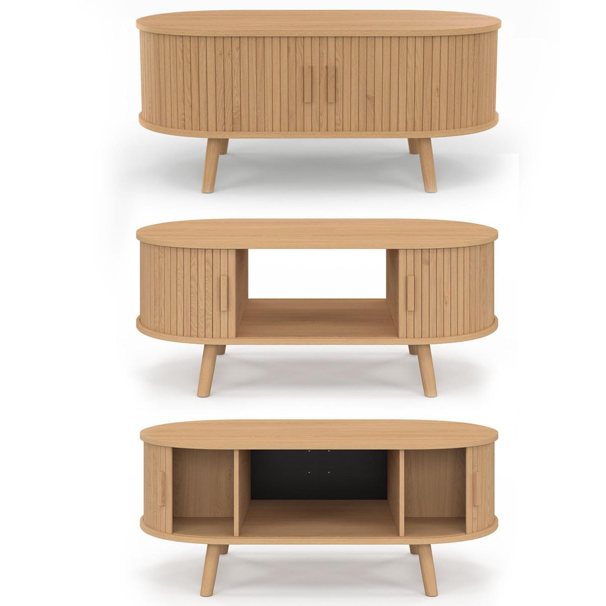 ID MARKET Table basse ovale ROMIE 100 cm 2 portes coulissantes lattes tasseau bois coloris chêne