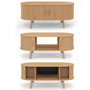 Voir la diapositive 4 : ID MARKET Table basse ovale ROMIE 100 cm 2 portes coulissantes lattes tasseau bois coloris chêne