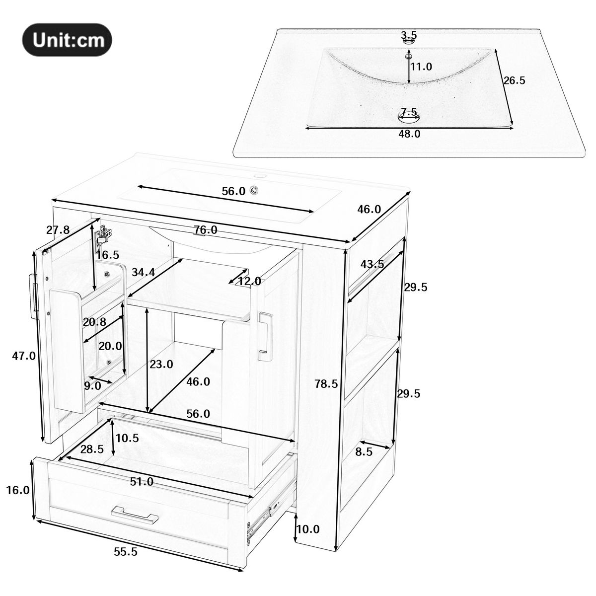 MERAX Meuble De Salle De Bain Vasque 2 Portes, 1 Tiroir Et 4 Étagères Bleu