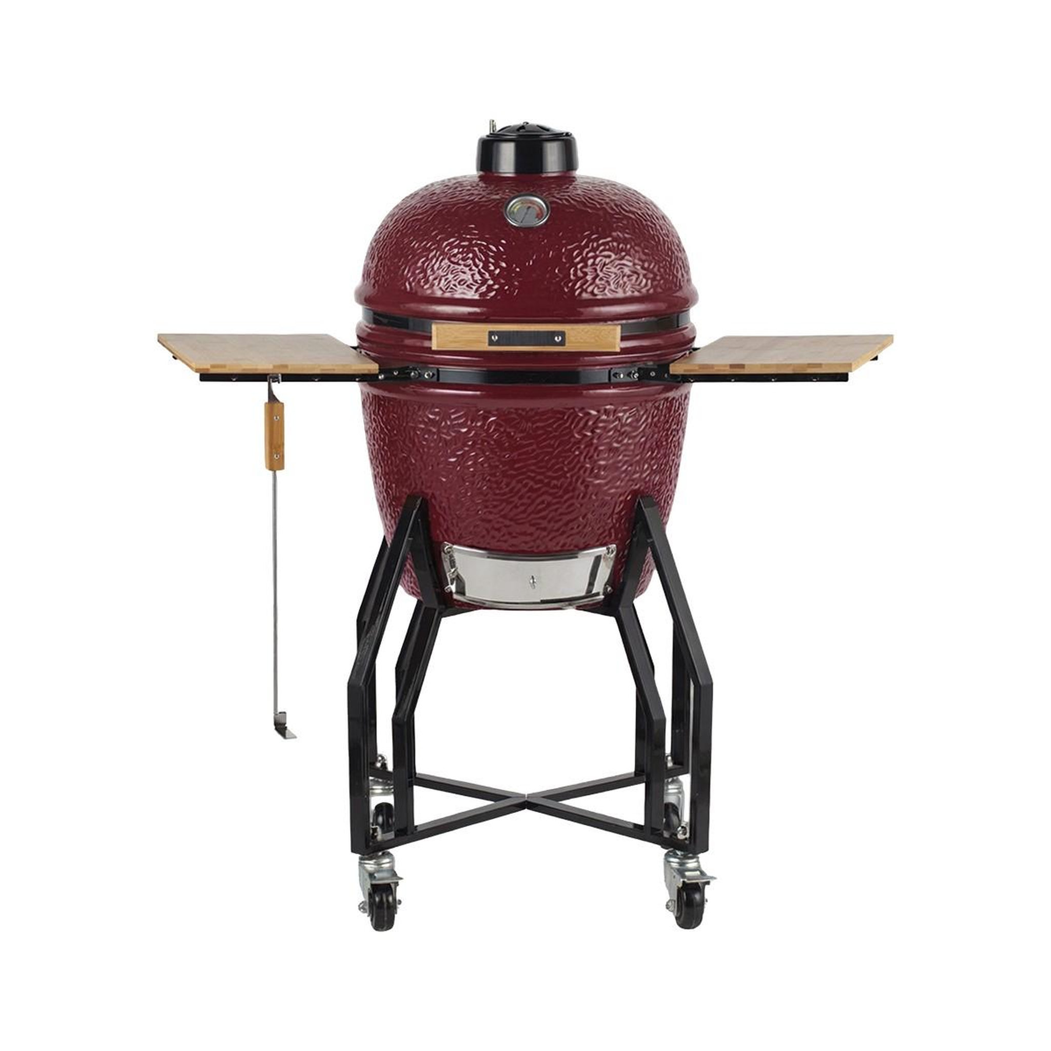 INTEC Barbecue à charbon de bois céramique kamado rouge 2 zones de cuisson grill & fumoir ø56cm - barbecue mobile + 2 tablettes intec